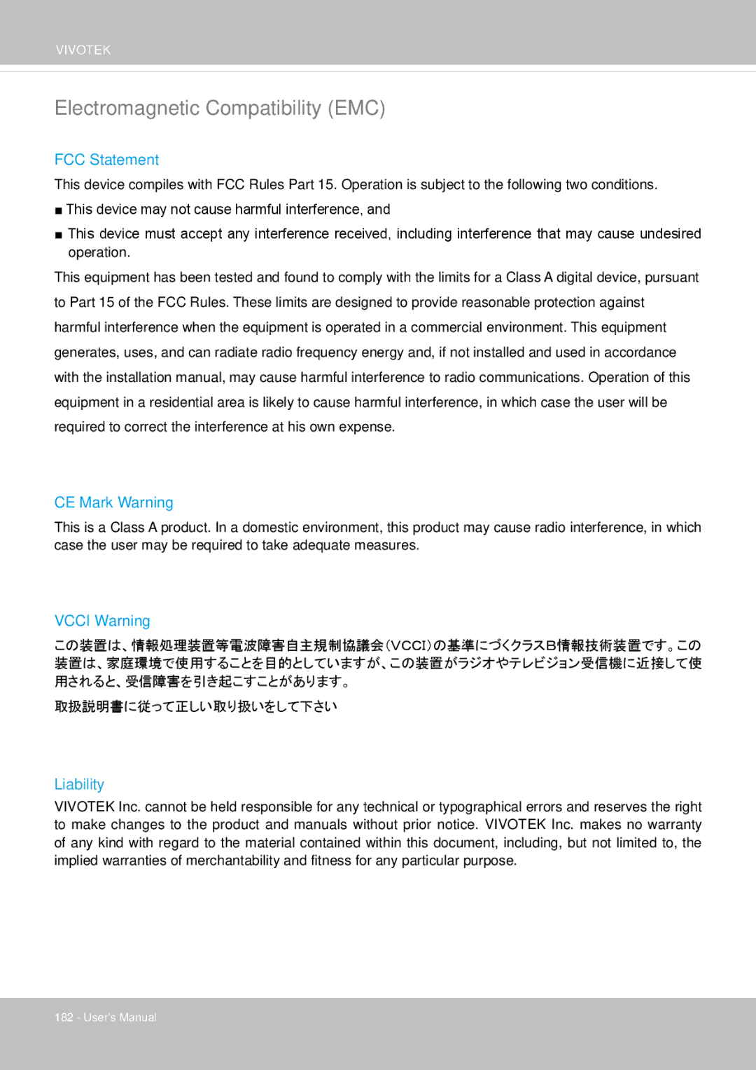 Vivotek IP8352 manual Electromagnetic Compatibility EMC, FCC Statement, CE Mark Warning, Vcci Warning, Liability 