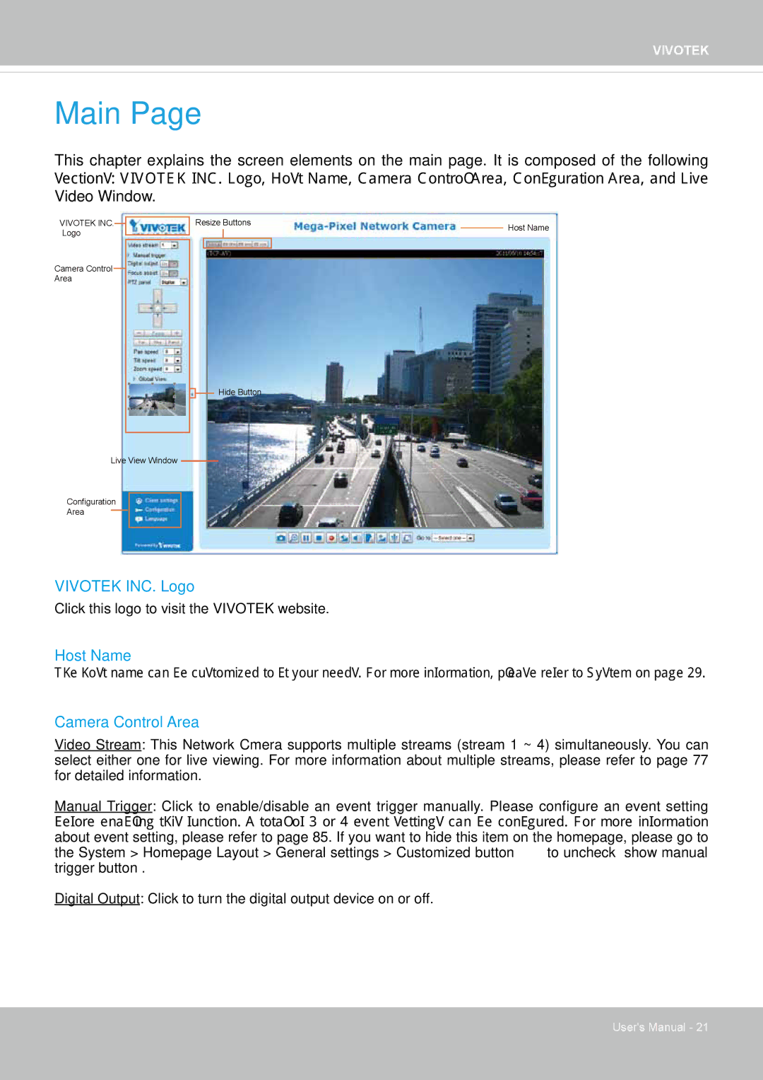 Vivotek IP8352 manual Vivotek INC. Logo, Host Name, Camera Control Area 