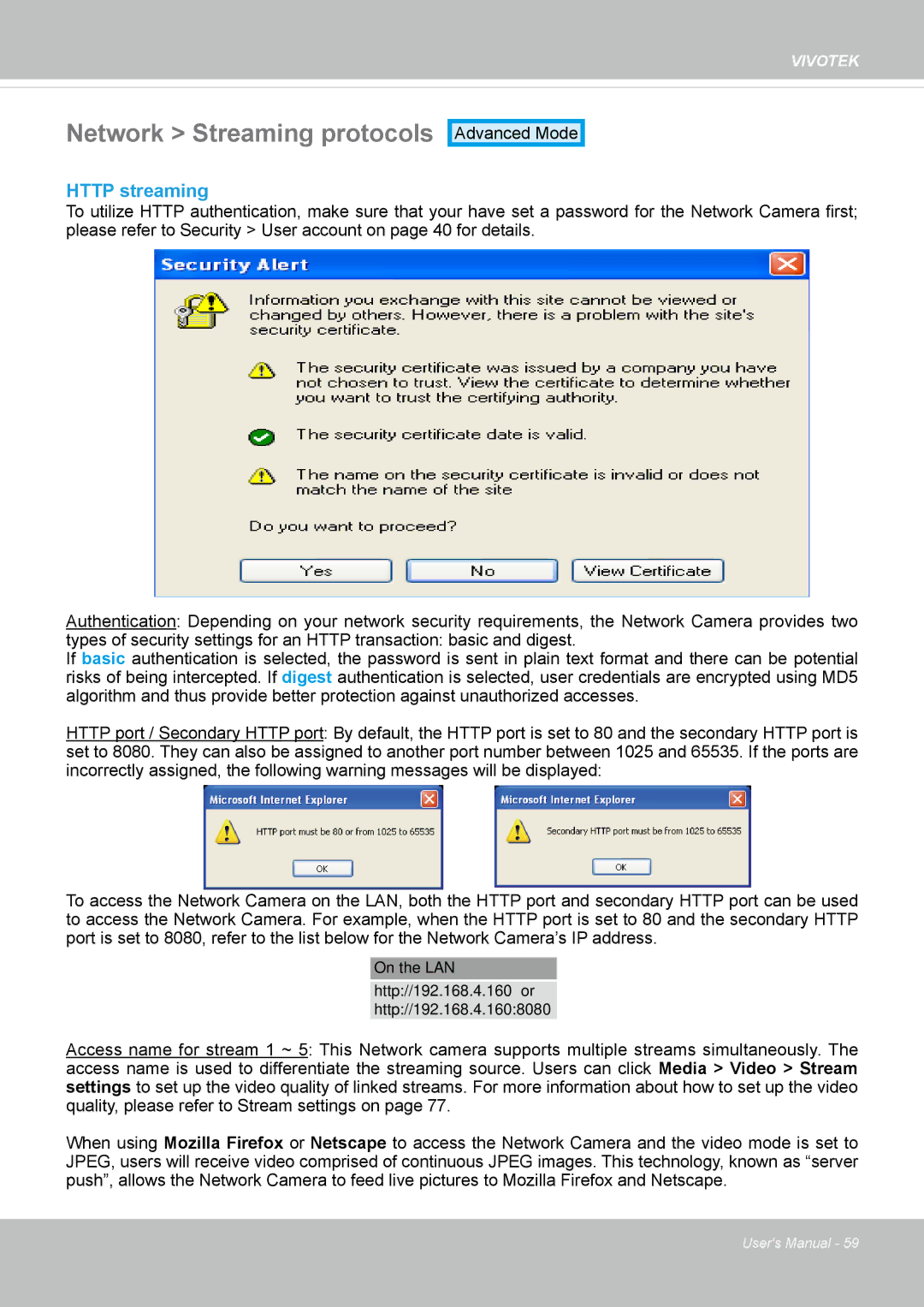 Vivotek IP8352 manual Network Streaming protocols, Http streaming 