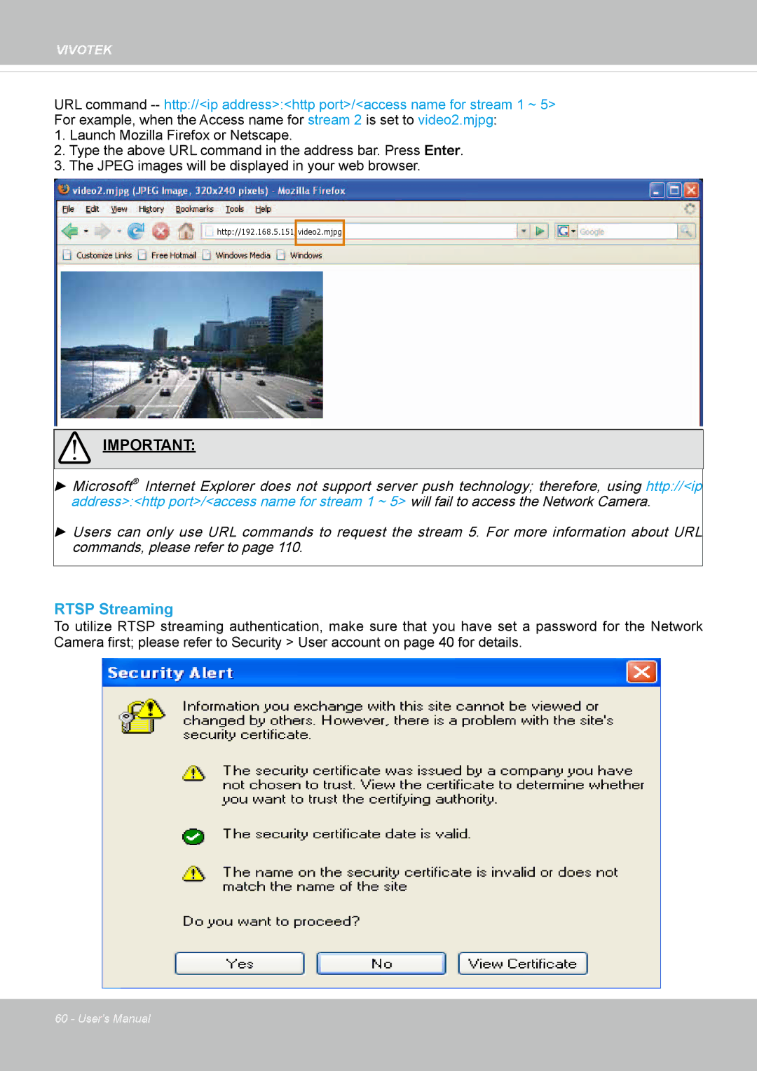 Vivotek IP8352 manual Rtsp Streaming, Launch Mozilla Firefox or Netscape 