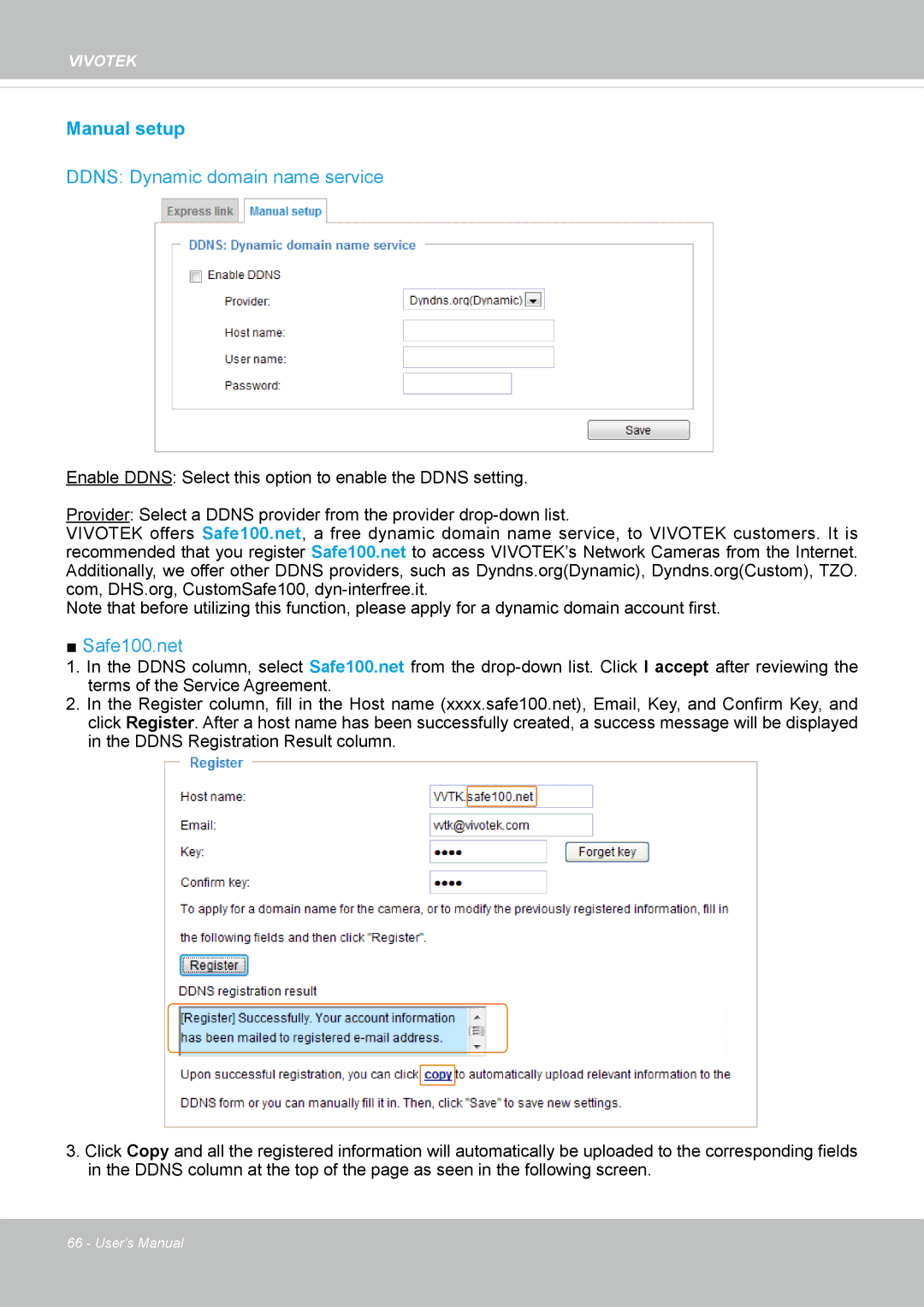 Vivotek IP8352 manual Manual setup, Ddns Dynamic domain name service 