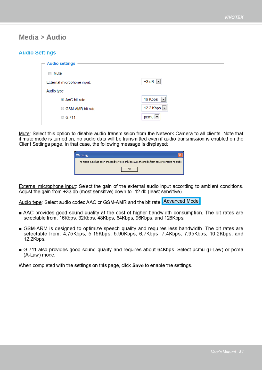 Vivotek IP8352 manual Media Audio, Audio Settings 