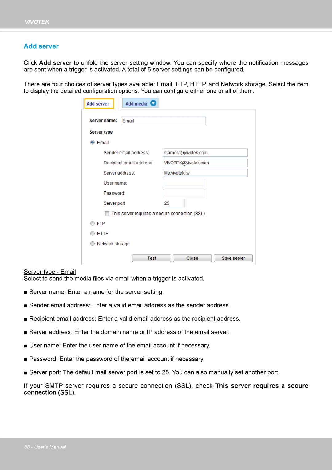 Vivotek IP8352 manual Add server, Connection SSL 