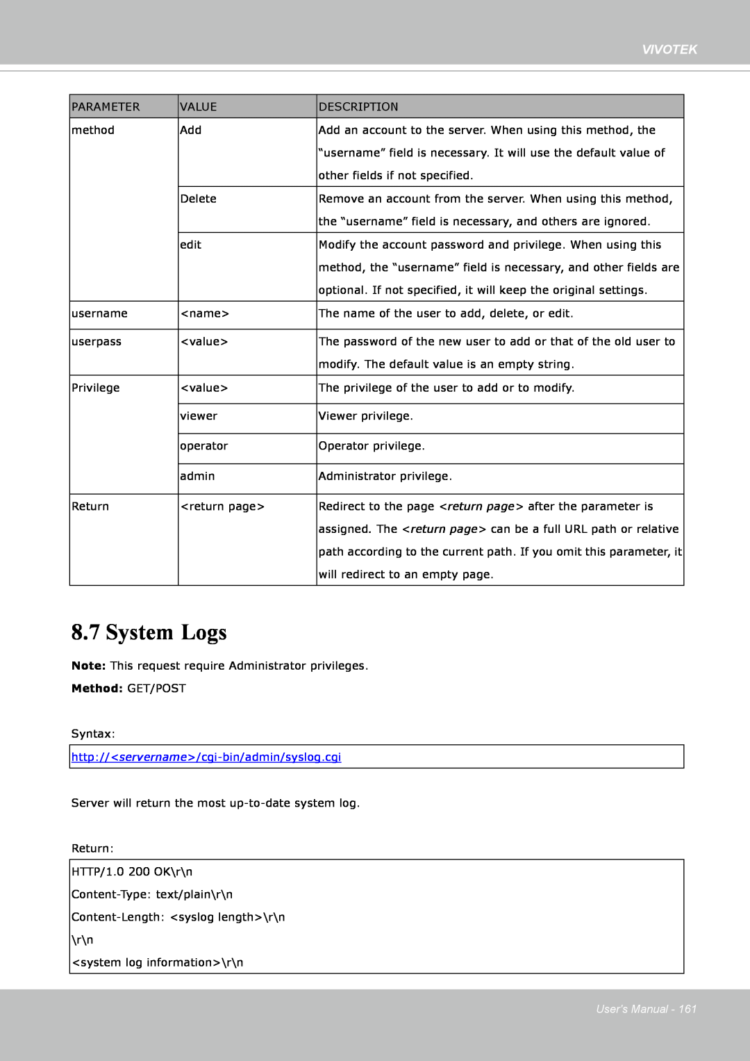 Vivotek IP8352 manual System Logs, Vivotek, Method: GET/POST, Users Manual 