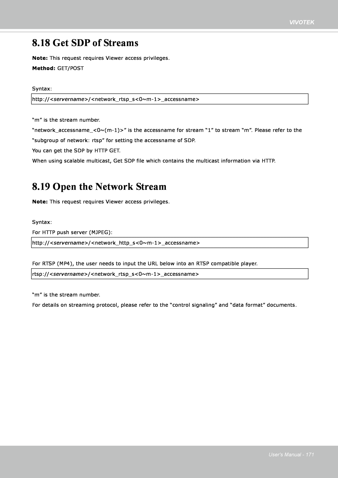 Vivotek IP8352 manual Get SDP of Streams, Open the Network Stream, Vivotek, Method: GET/POST 