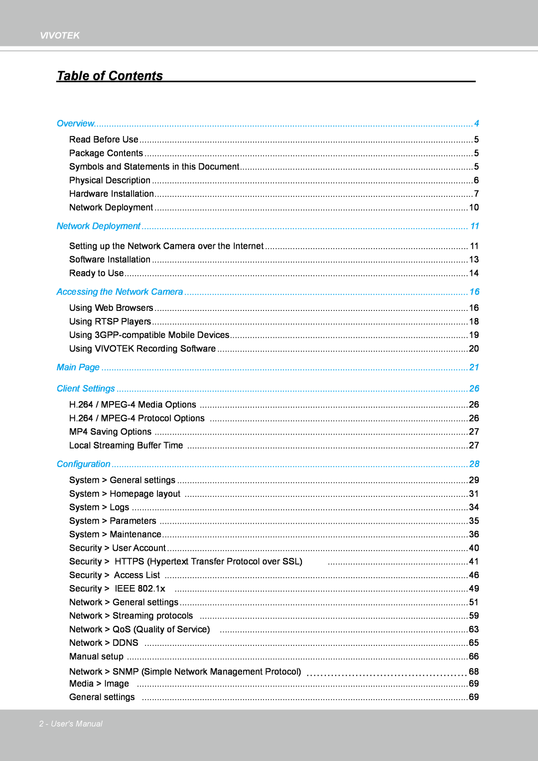 Vivotek IP8352 manual Table of Contents, Vivotek 
