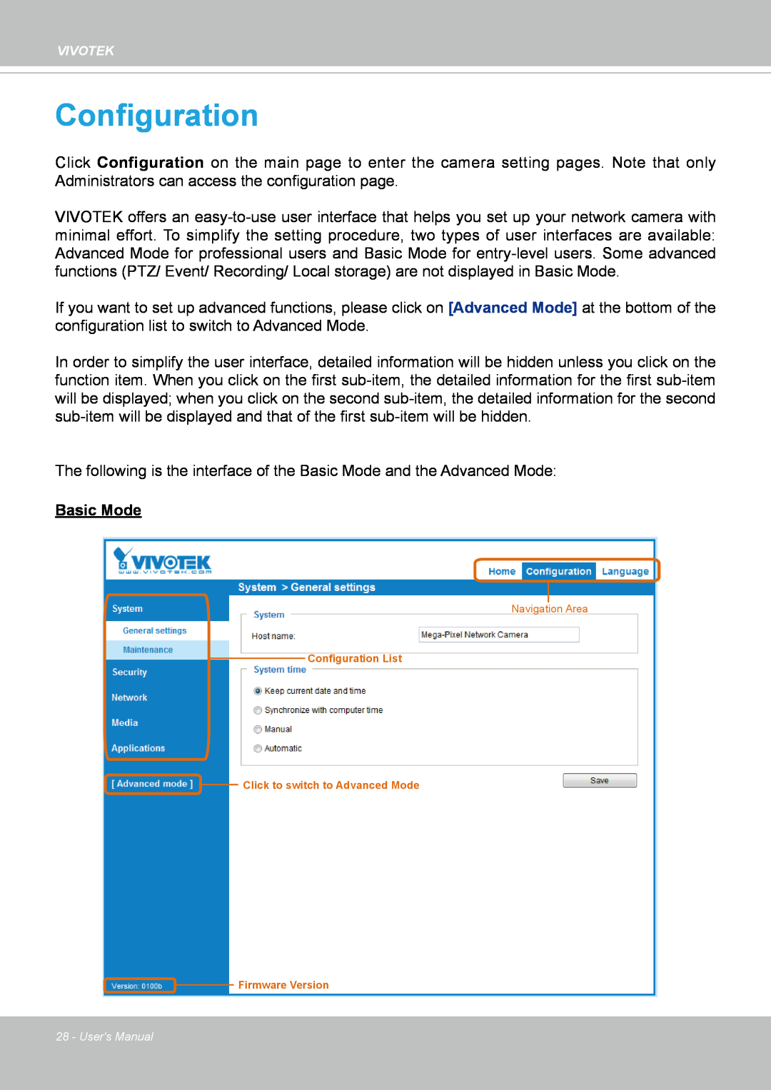 Vivotek IP8352 manual Configuration, Basic Mode 