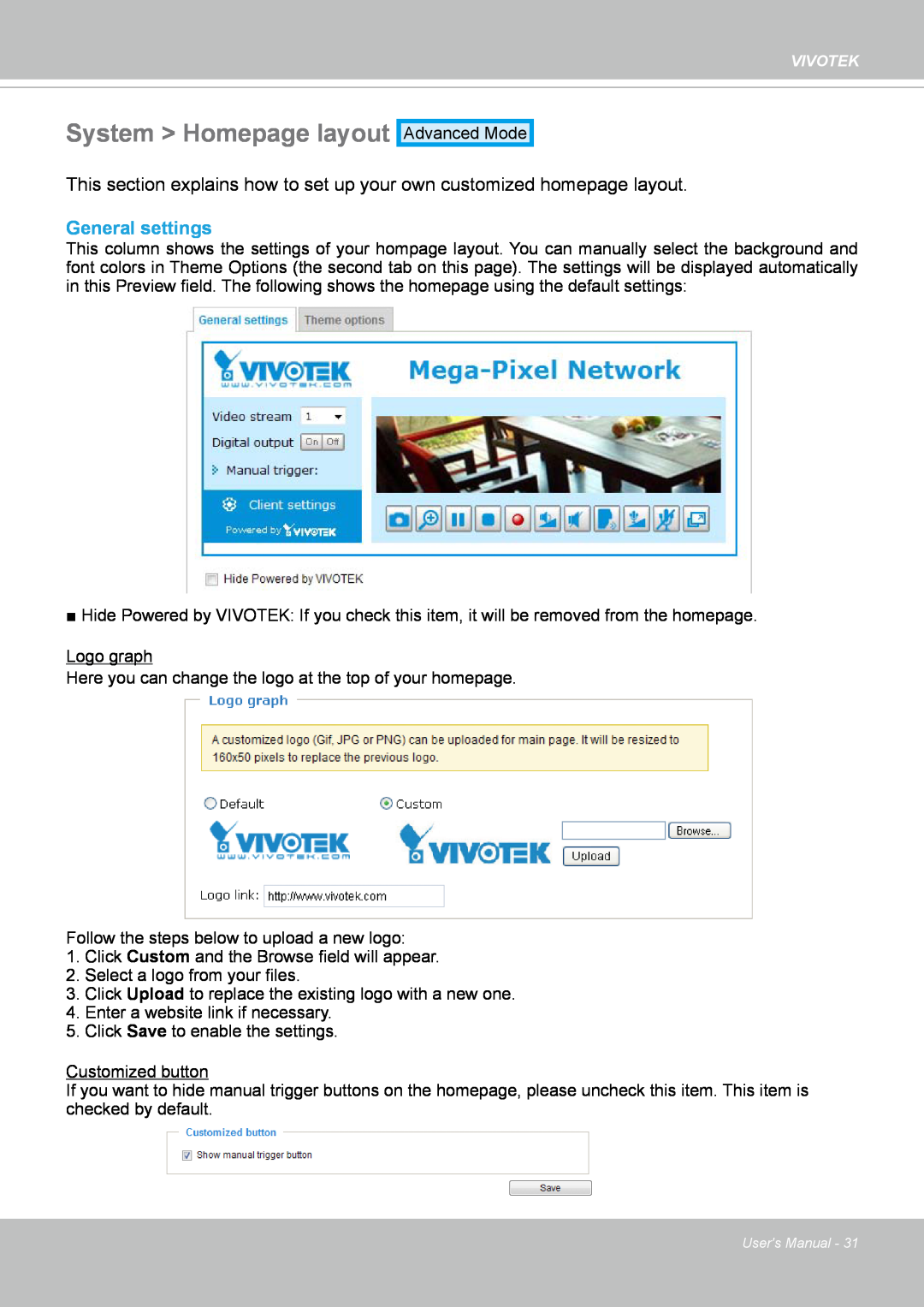 Vivotek IP8352 manual System Homepage layout, General settings 