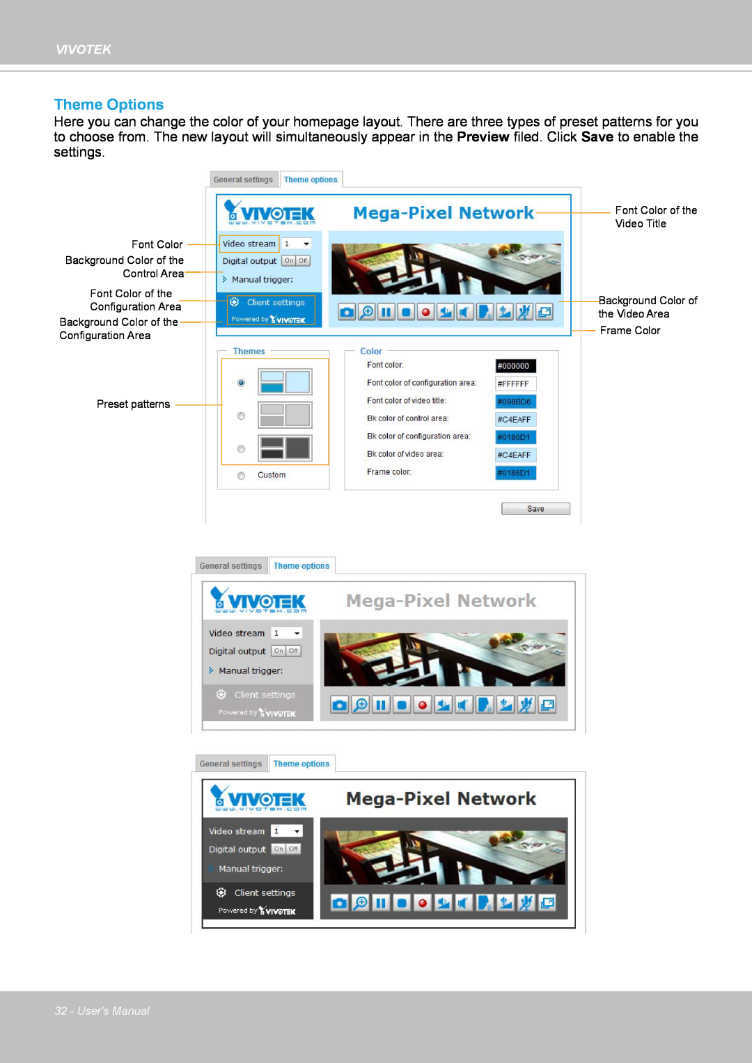 Vivotek IP8352 manual Theme Options, Users Manual 