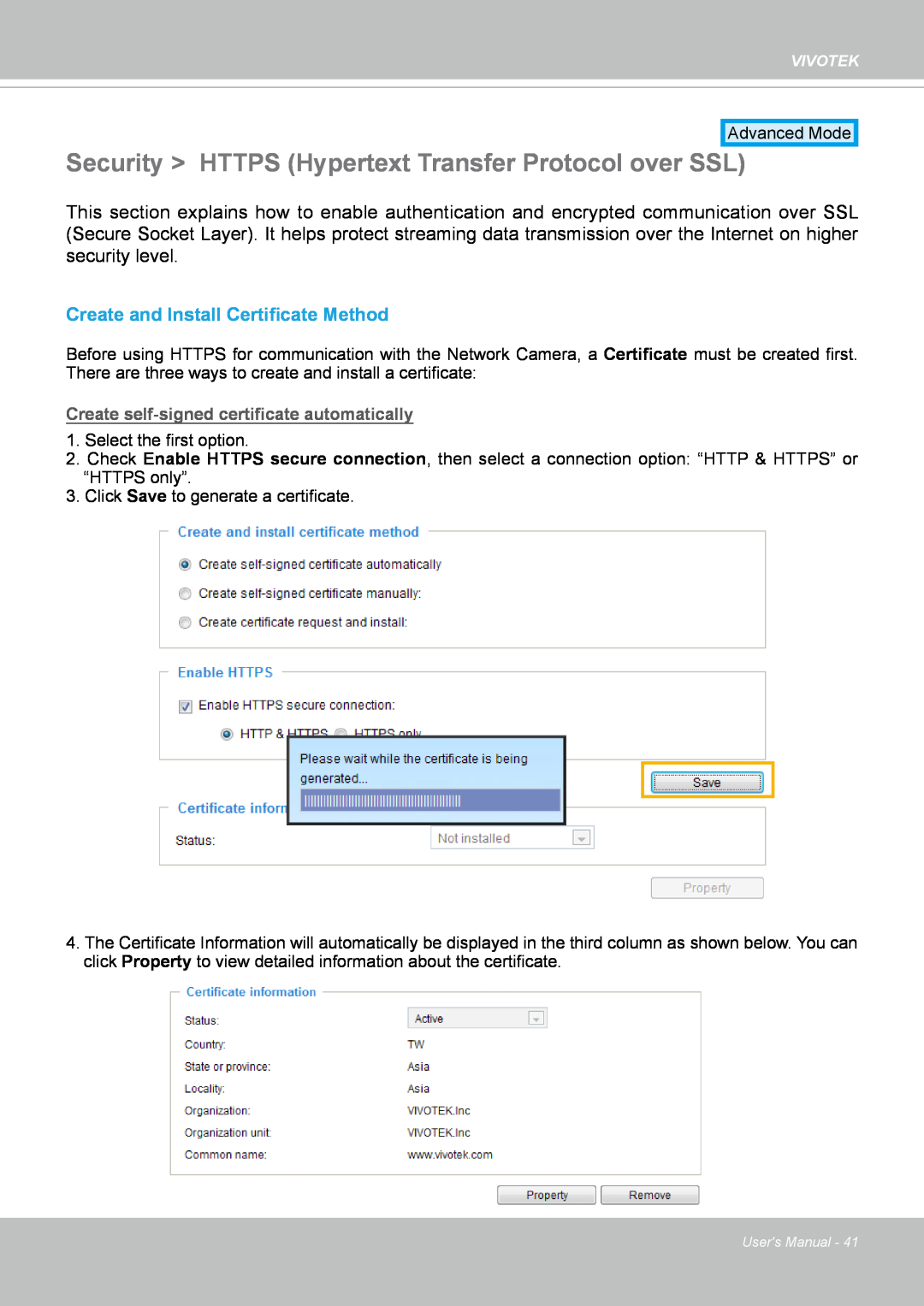 Vivotek IP8352 manual Create and Install Certificate Method, Create self-signedcertificate automatically 
