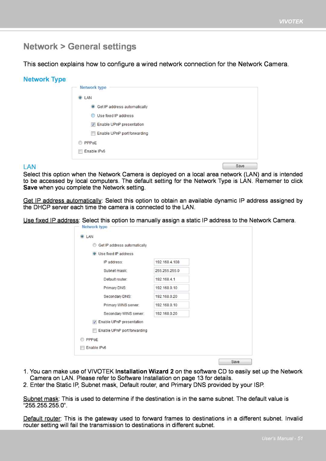 Vivotek IP8352 manual Network > General settings, Network Type 