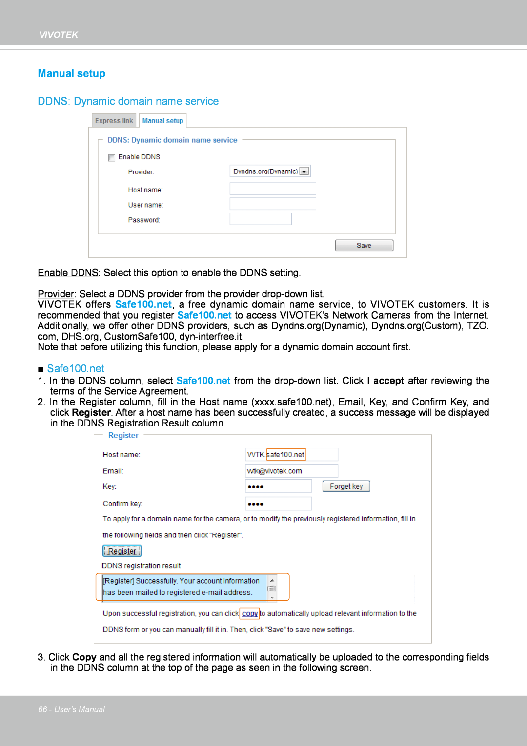 Vivotek IP8352 manual Manual setup, DDNS: Dynamic domain name service, Safe100net 