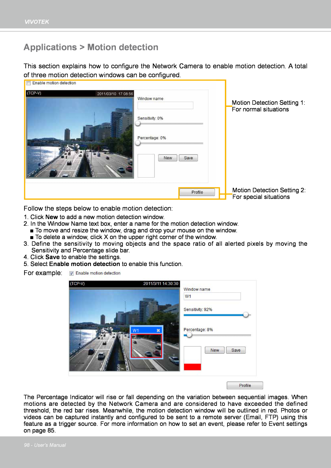 Vivotek IP8352 manual Applications > Motion detection, Follow the steps below to enable motion detection, For example 