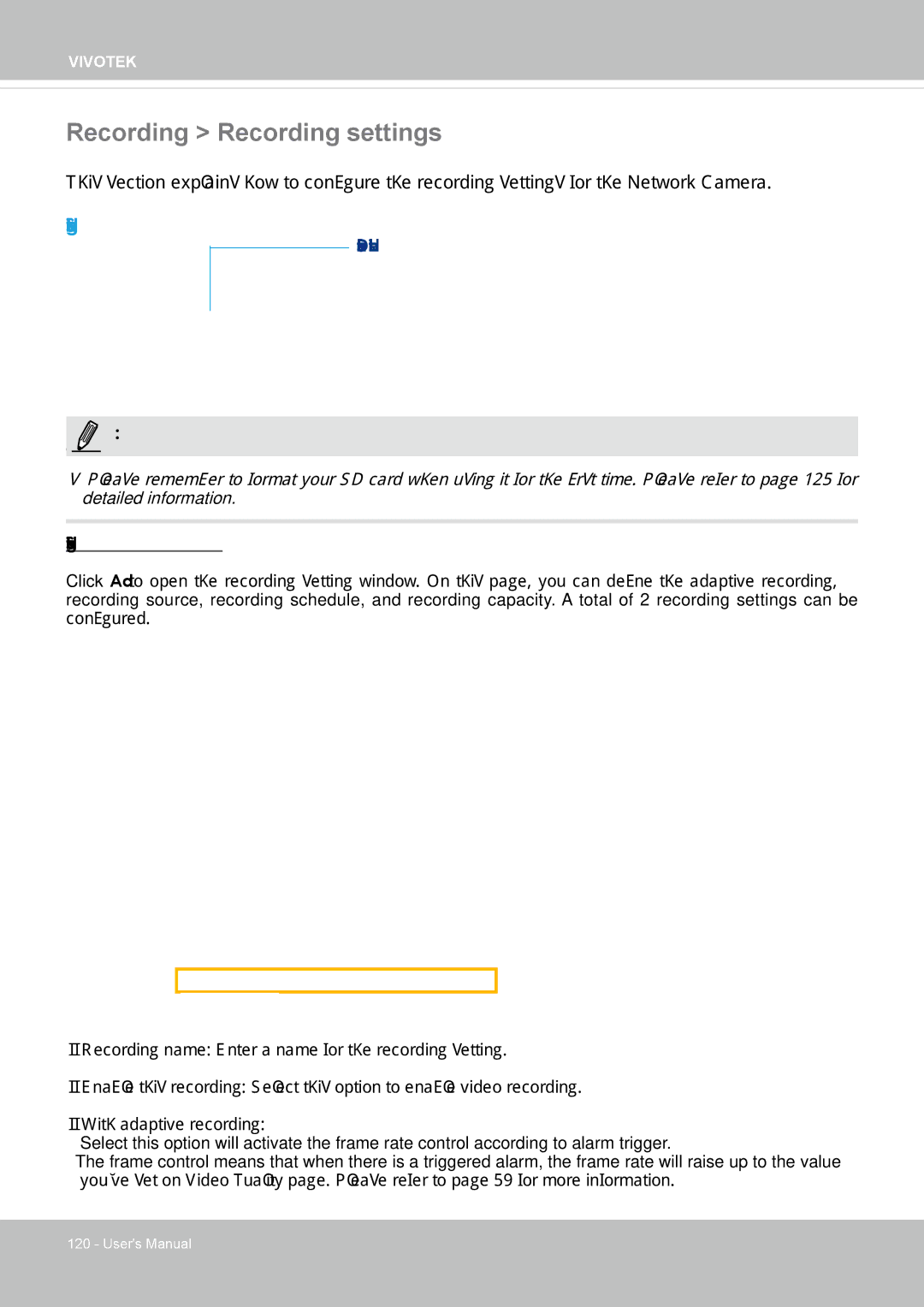 Vivotek IP8355EH user manual Recording Recording settings, Recording Settings 