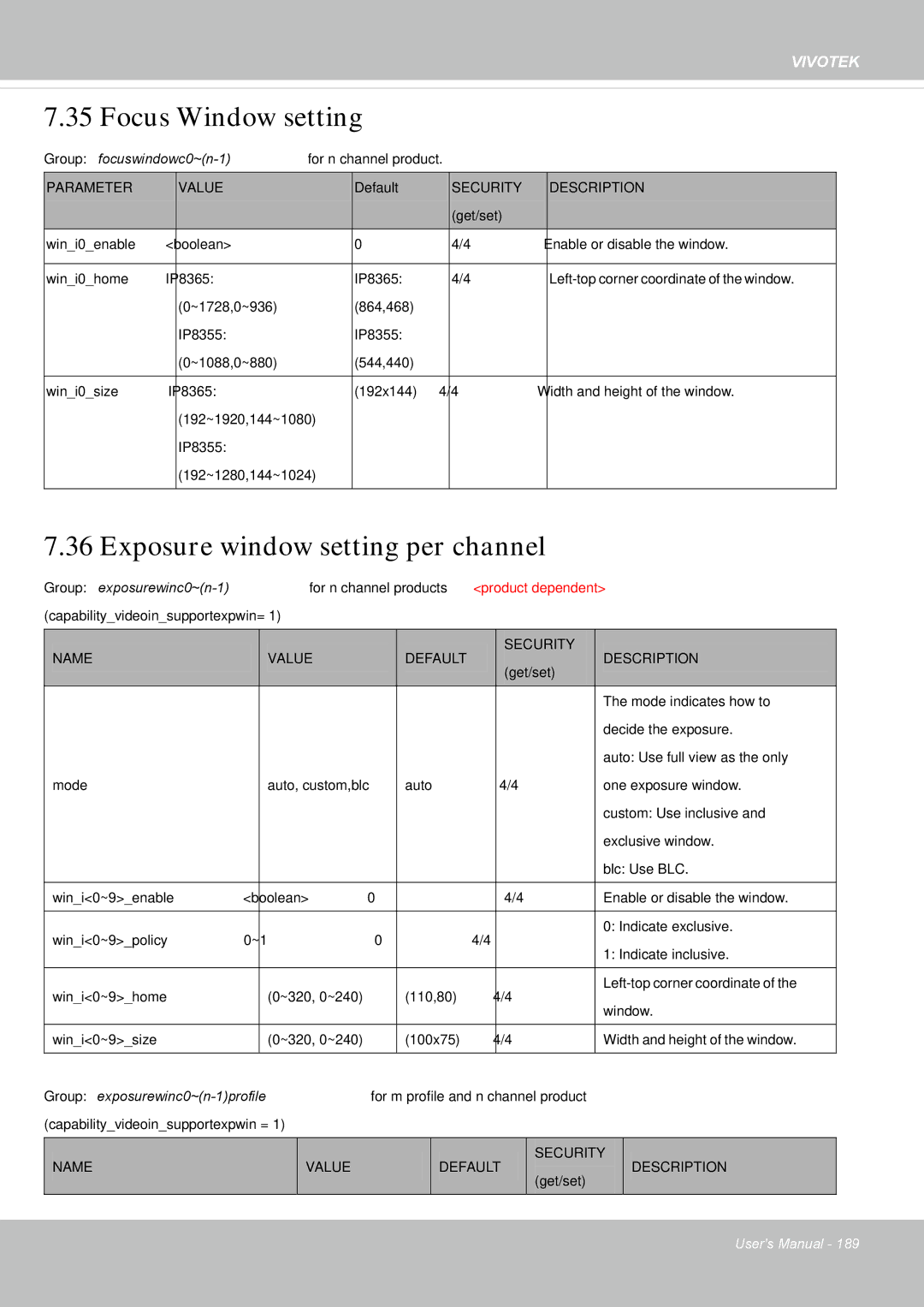 Vivotek IP8355EH user manual Focus Window setting, Security Name Value Default Description 