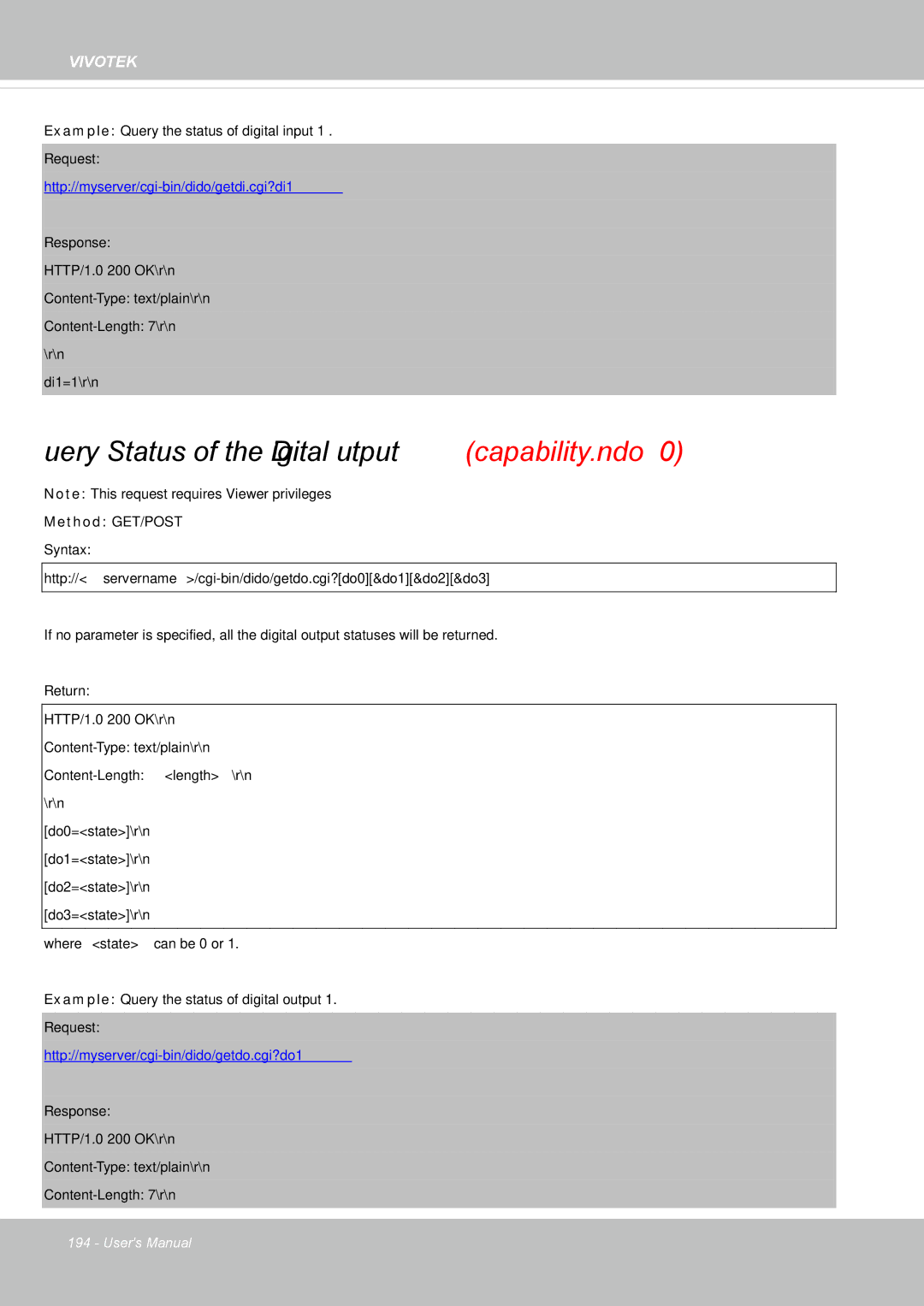 Vivotek IP8355EH user manual Query Status of the Digital Output capability.ndo, Http//myserver/cgi-bin/dido/getdi.cgi?di1 