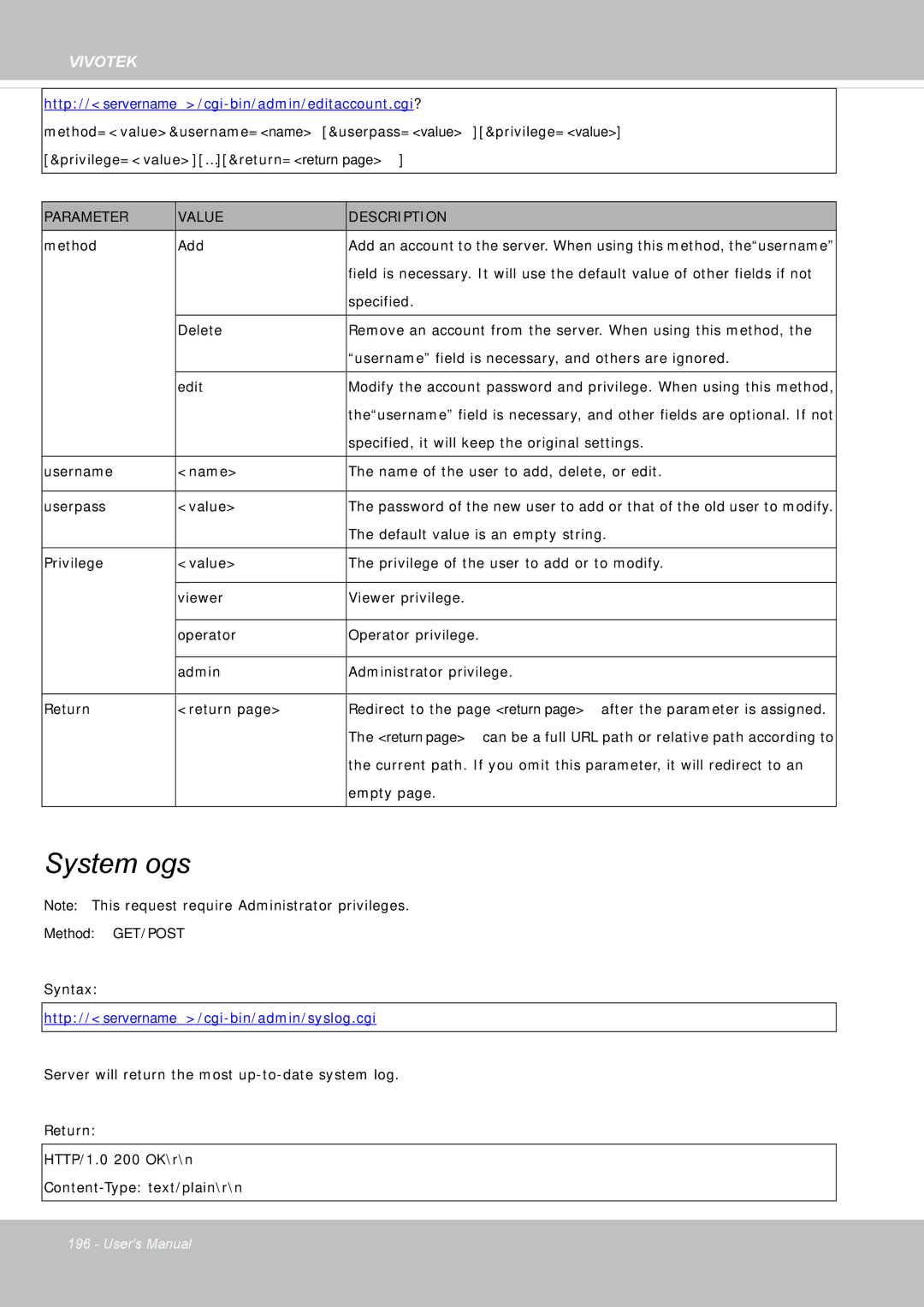 Vivotek IP8355EH user manual System Logs, Http//servername/cgi-bin/admin/syslog.cgi 