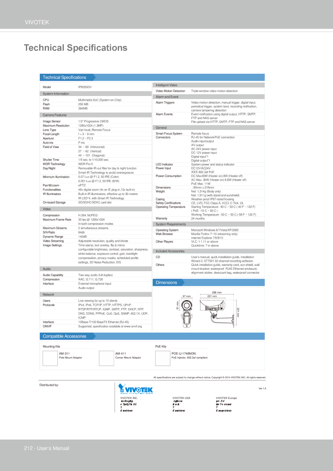 Vivotek IP8355EH user manual Technical Specifications 