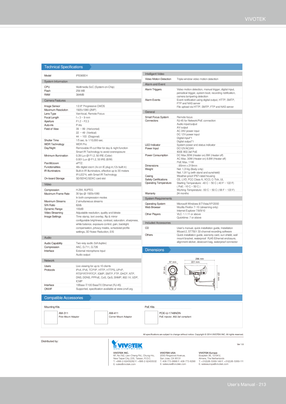 Vivotek IP8355EH user manual Dimensions 