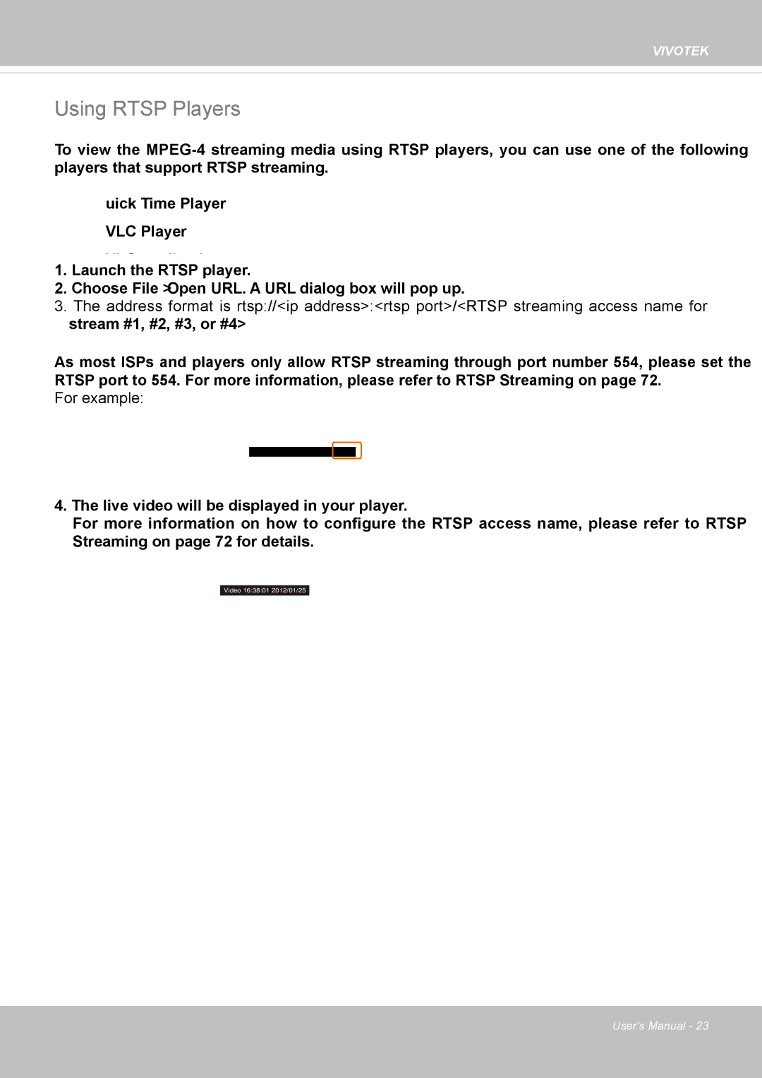 Vivotek IP8355EH user manual Using Rtsp Players 