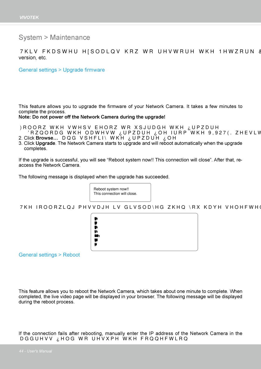 Vivotek IP8355EH user manual System Maintenance, General settings Upgrade firmware, General settings Reboot 