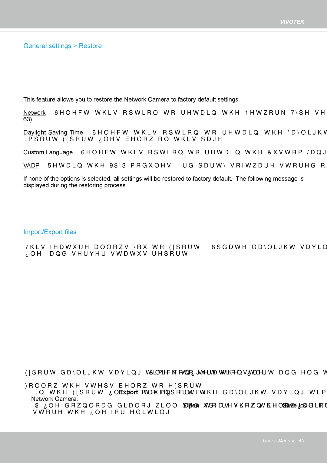 Vivotek IP8355EH user manual General settings Restore, Import/Export files 