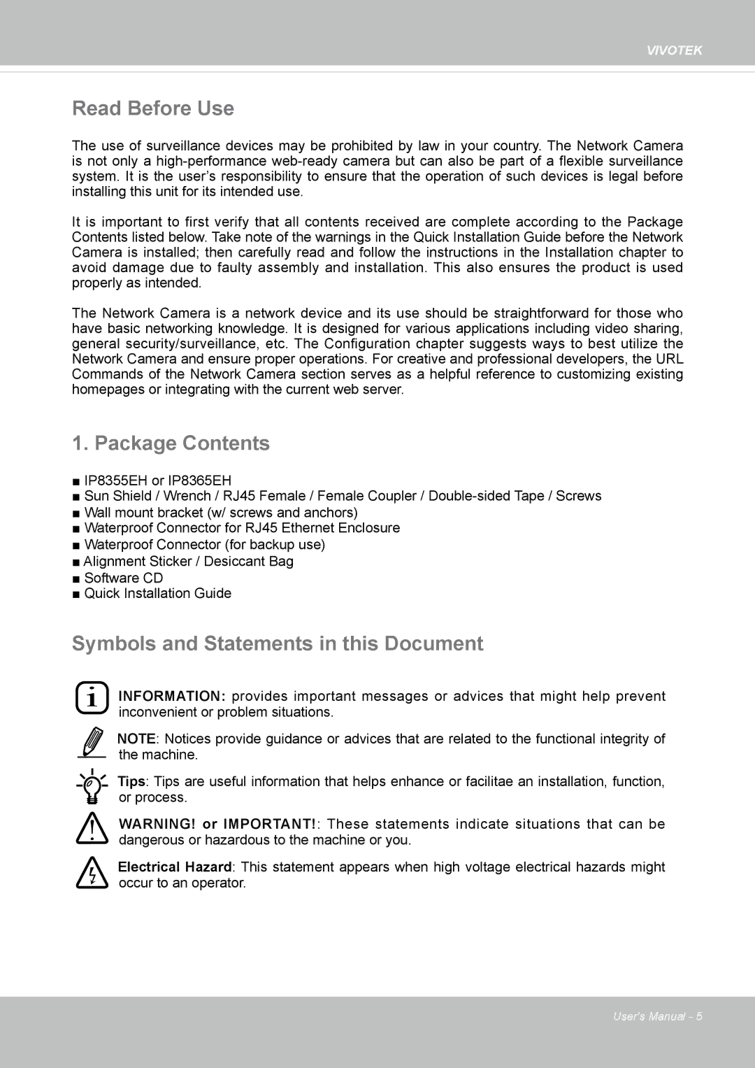 Vivotek IP8355EH user manual Read Before Use, Package Contents, Symbols and Statements in this Document 