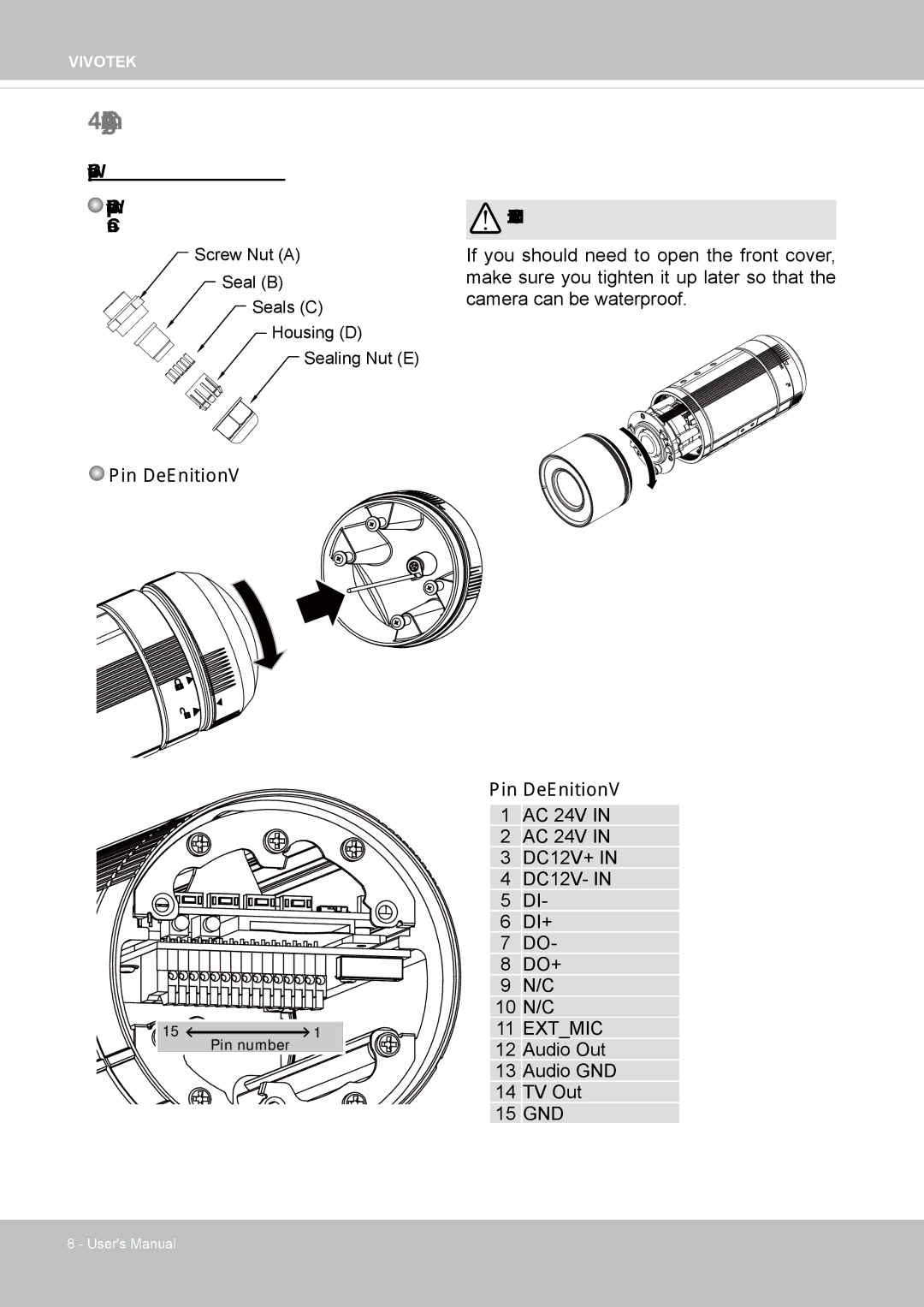 Vivotek IP8355EH user manual Cabling Assembly, Waterproof Connector Components of the Waterproof Connector 