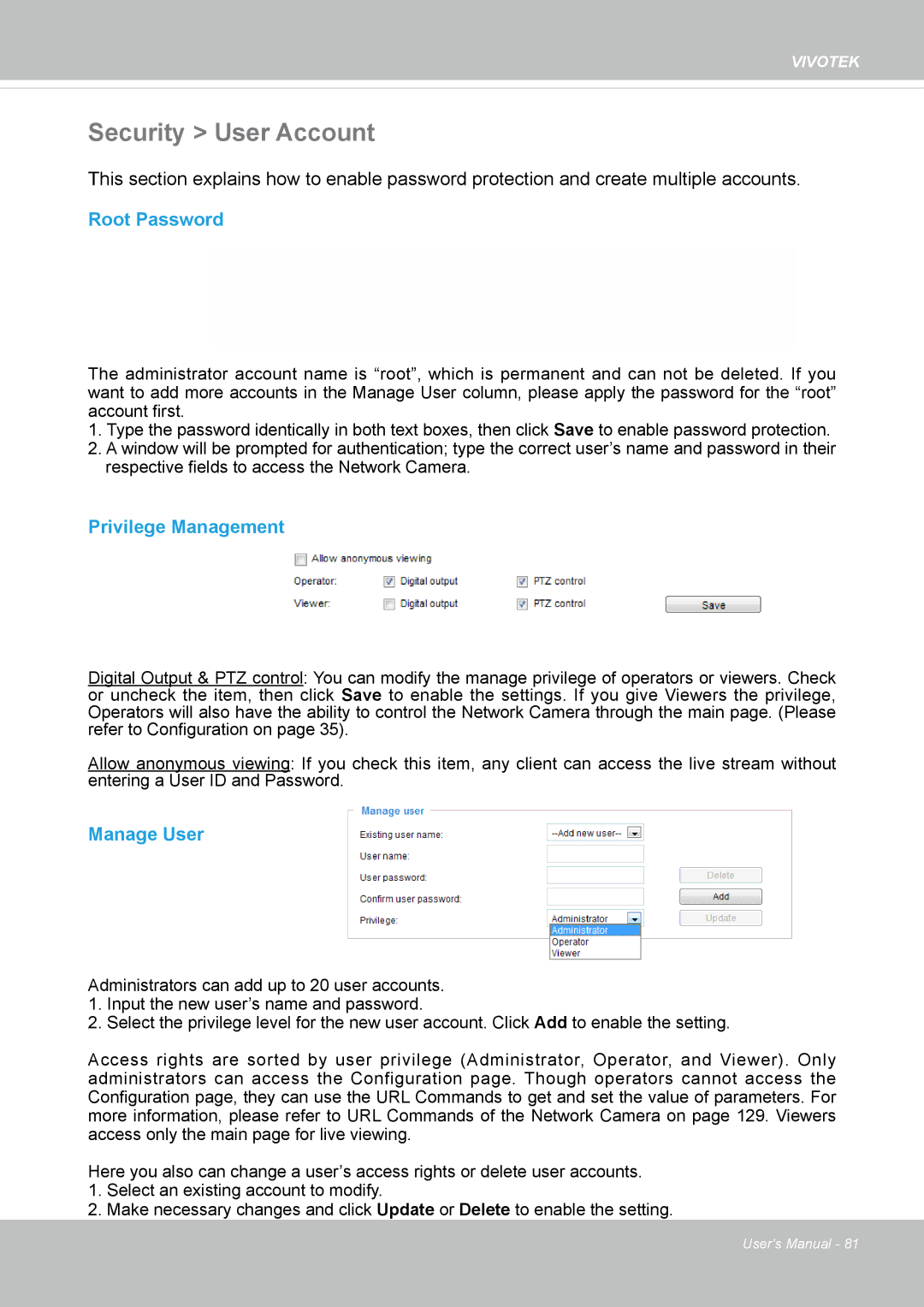 Vivotek IP8355EH user manual Security User Account, Root Password, Privilege Management, Manage User 