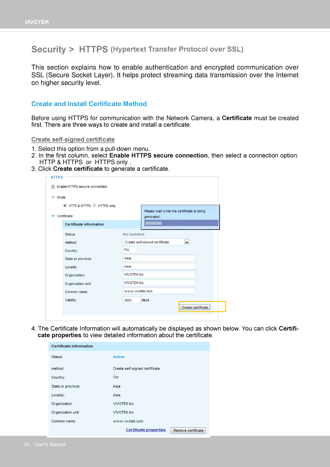 Vivotek IP8355EH user manual Security Https Hypertext Transfer Protocol over SSL, Create and Install Certificate Method 