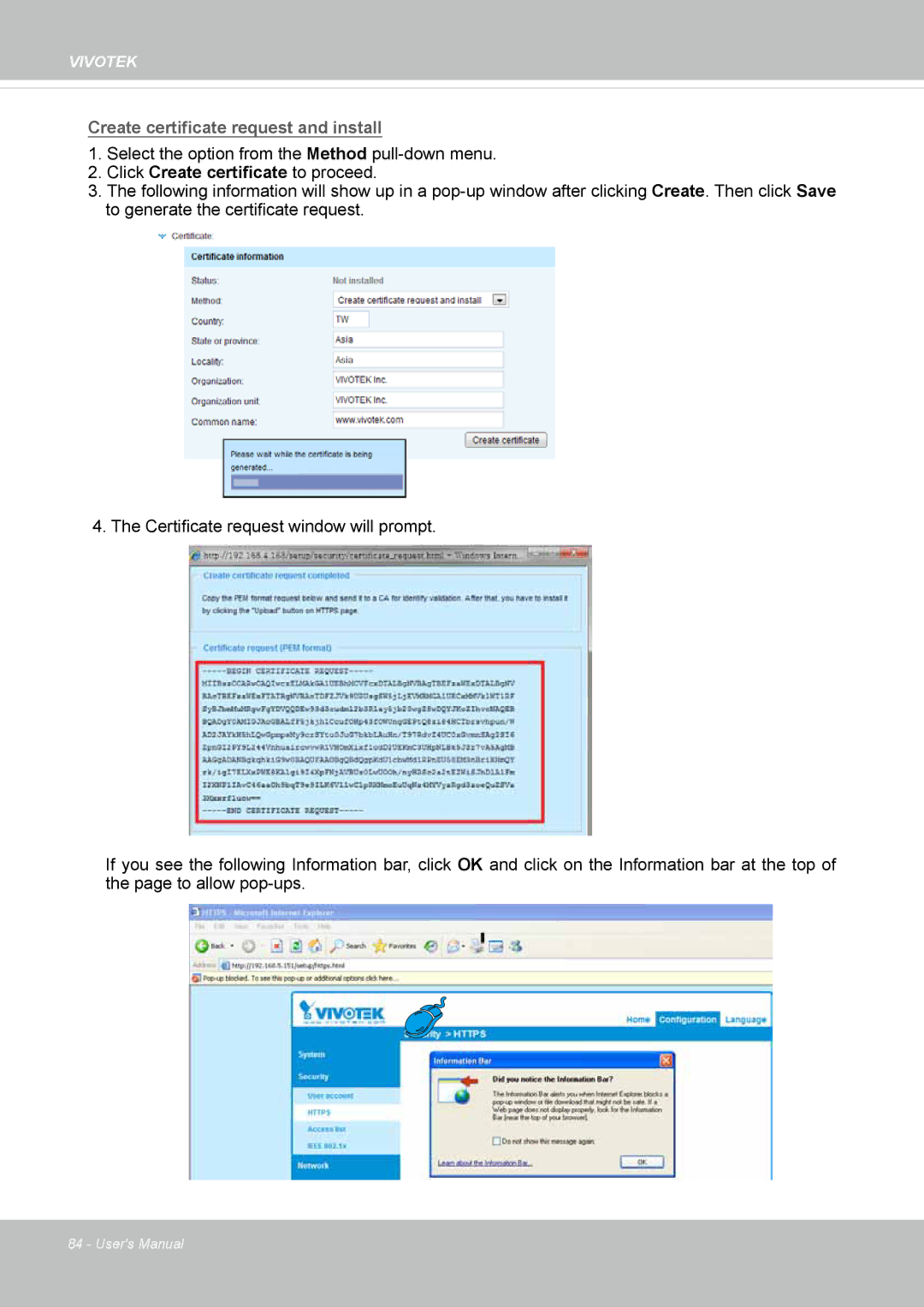 Vivotek IP8355EH user manual Create certificate request and install 