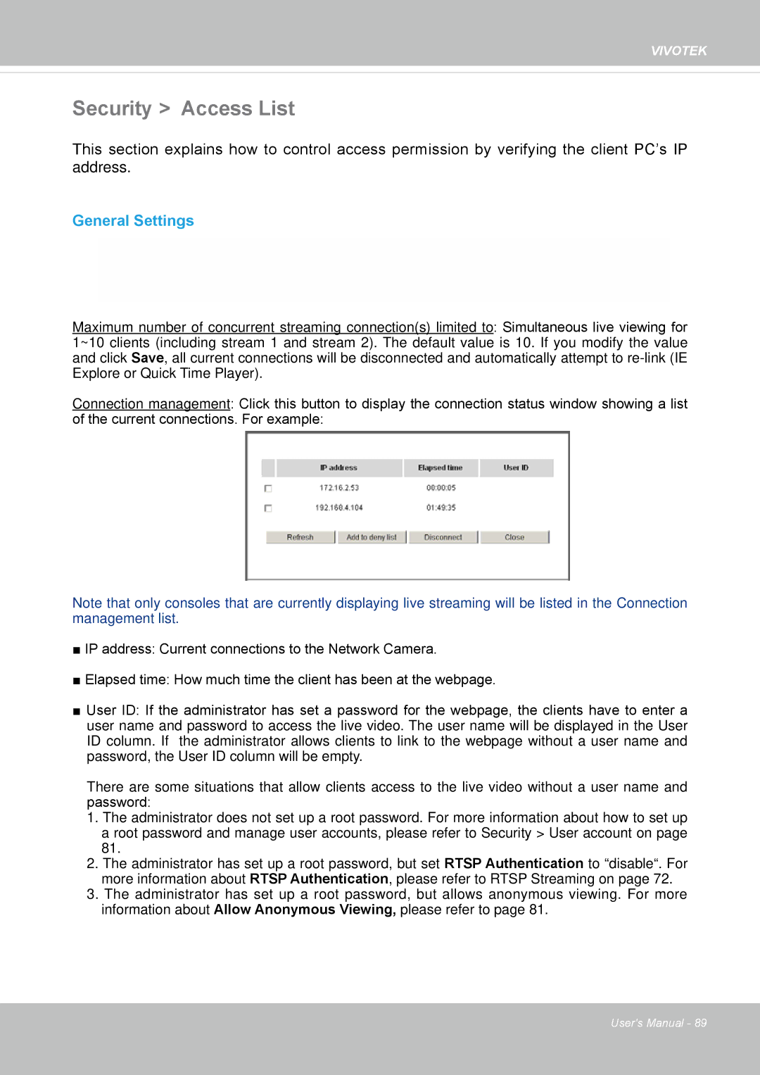 Vivotek IP8355EH user manual Security Access List, General Settings 