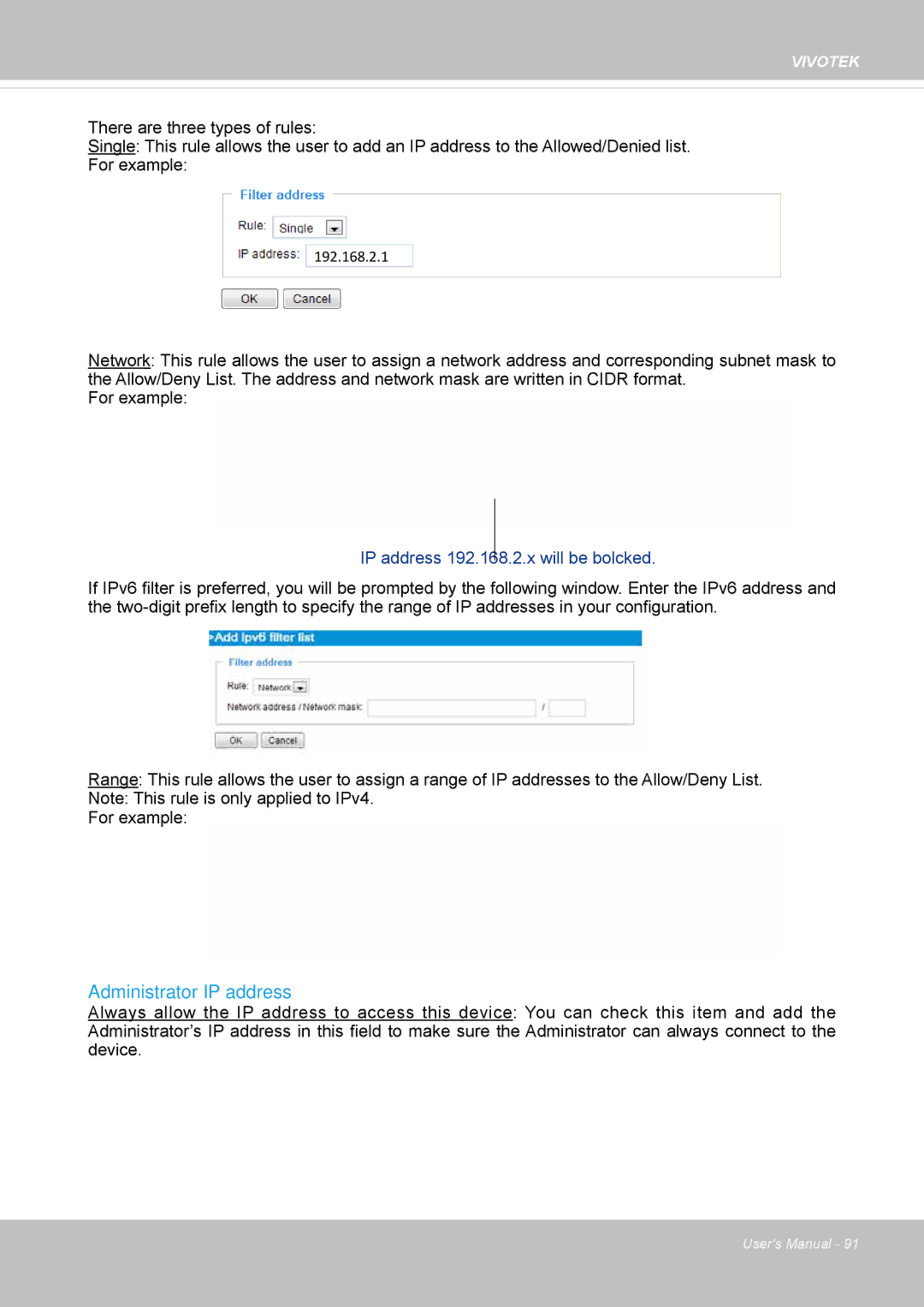 Vivotek IP8355EH user manual Administrator IP address, IP address 192.168.2.x will be bolcked 
