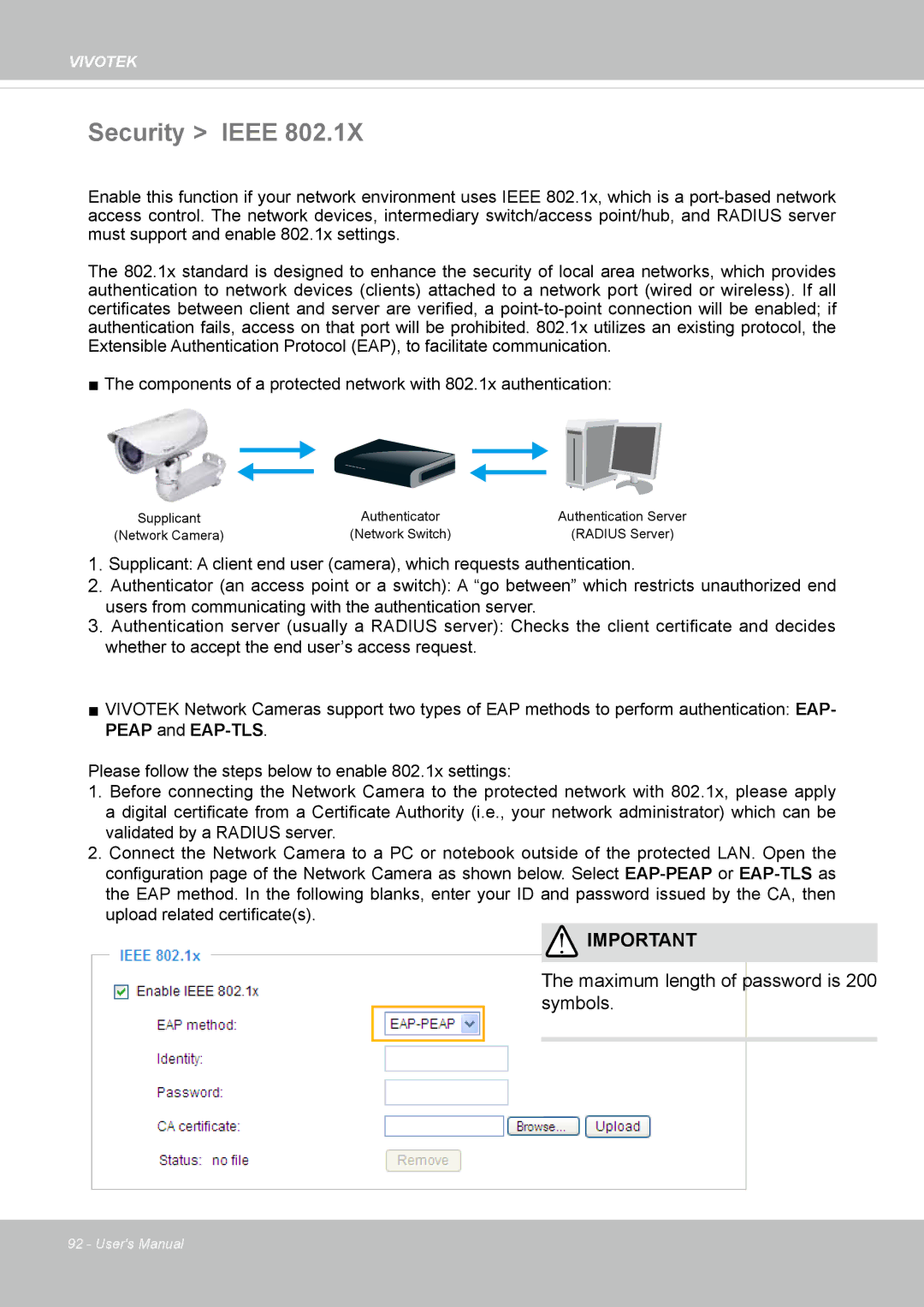 Vivotek IP8355EH user manual Security Ieee, Maximum length of password is 200 symbols 