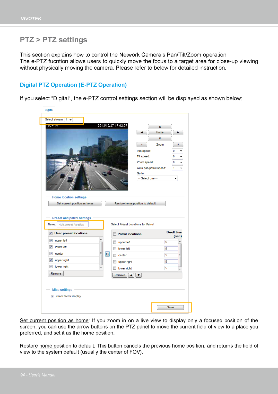 Vivotek IP8355EH user manual PTZ PTZ settings, Digital PTZ Operation E-PTZ Operation 