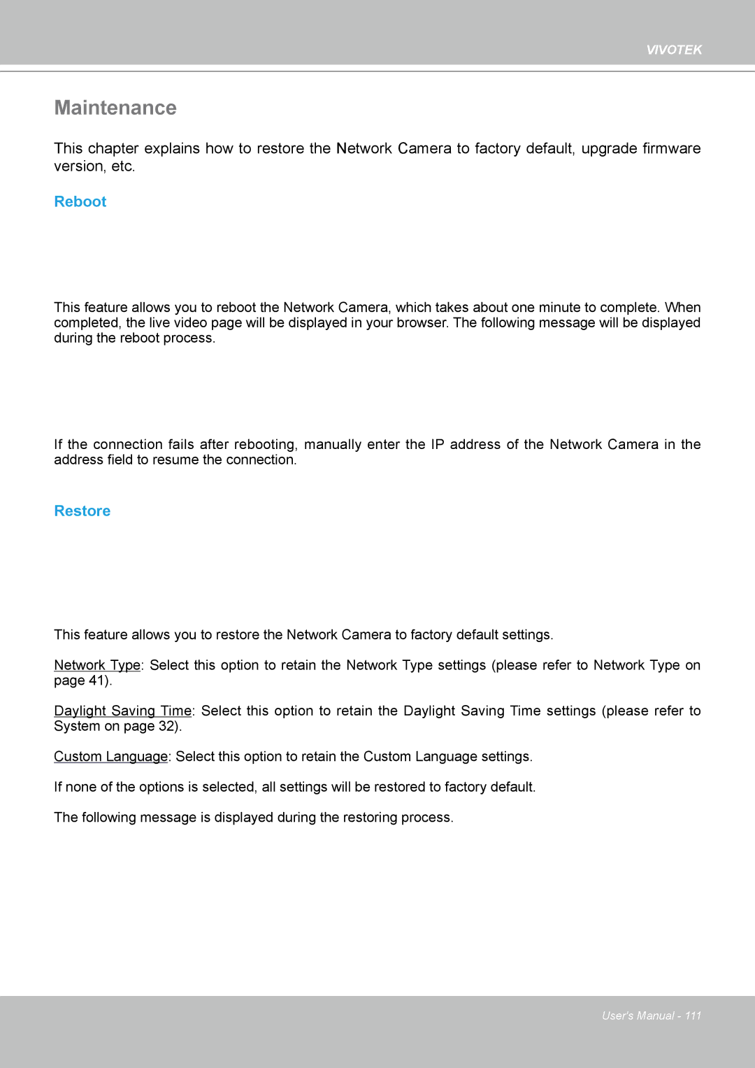 Vivotek IP8361 user manual Maintenance, Reboot, Restore 