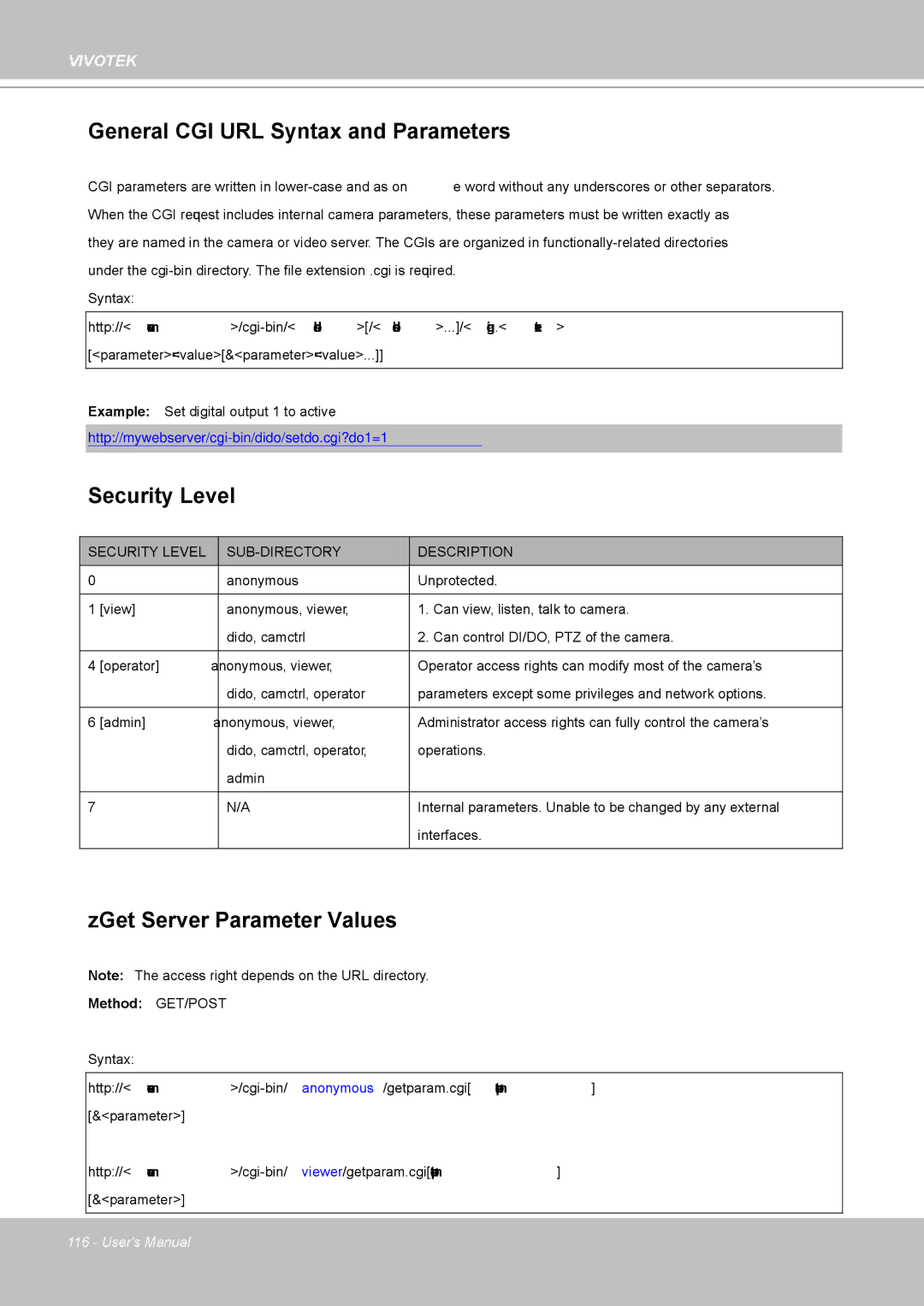 Vivotek IP8361 user manual General CGI URL Syntax and Parameters, Security Level, ZGet Server Parameter Values 