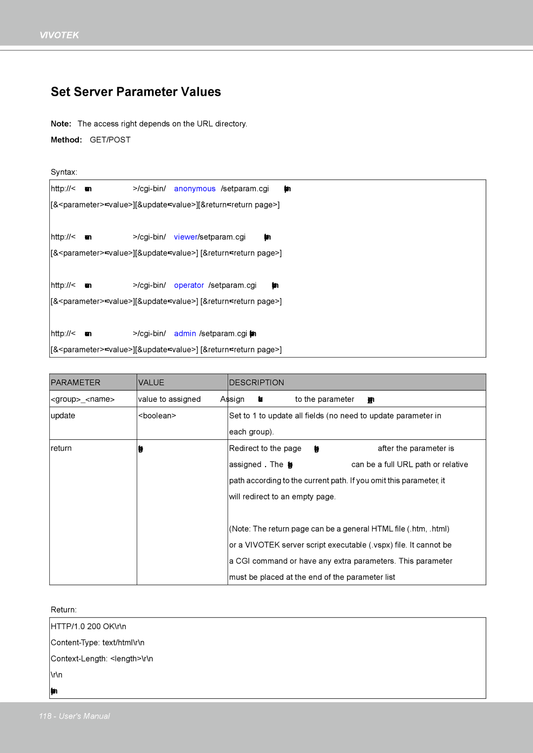 Vivotek IP8361 user manual Set Server Parameter Values, Return 