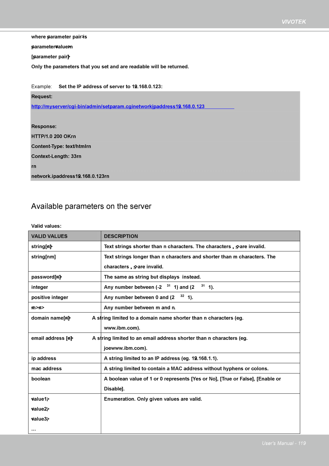 Vivotek IP8361 user manual Available parameters on the server, Valid Values Description 