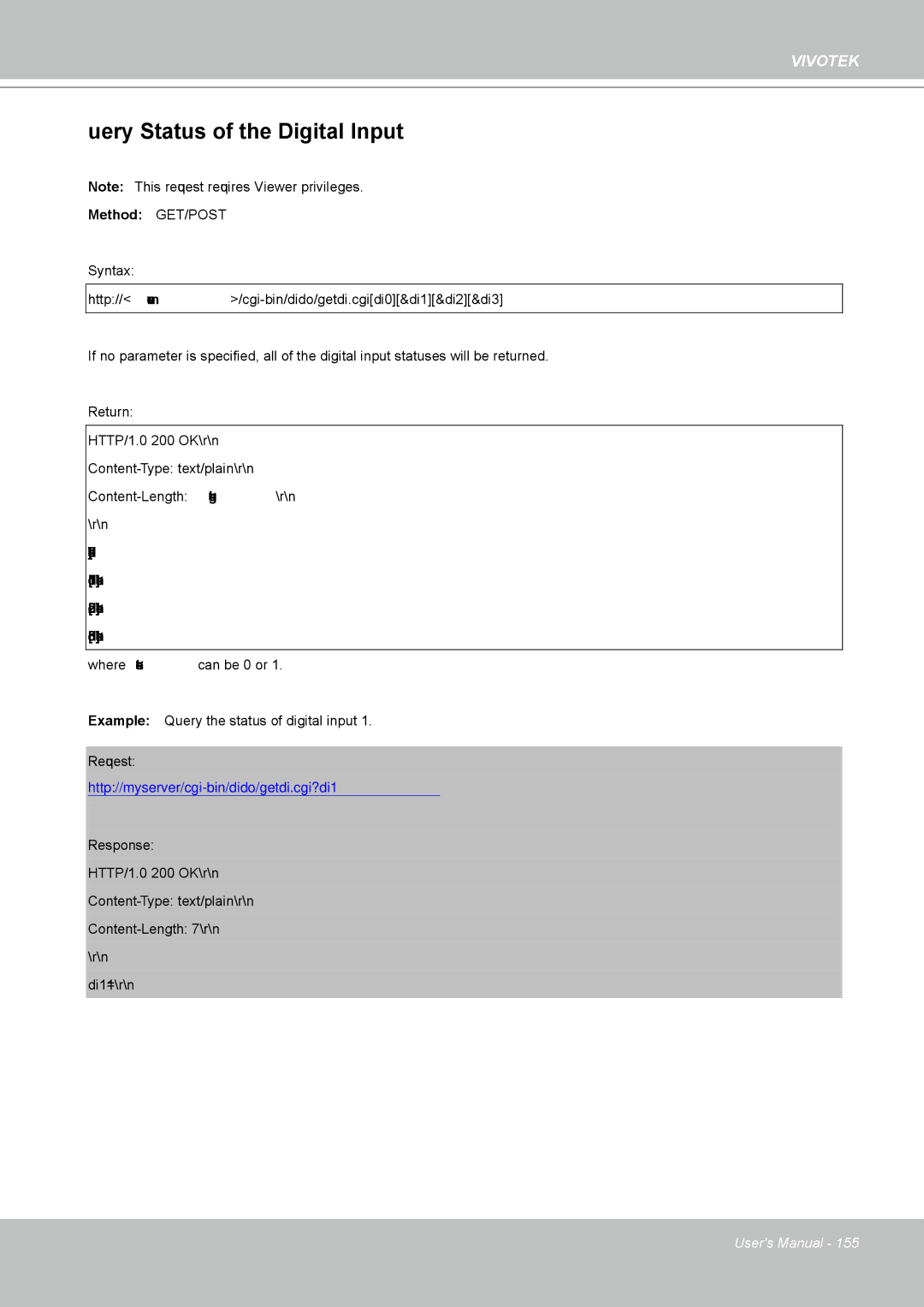 Vivotek IP8361 user manual Query Status of the Digital Input, Di0=state\r\n Di1=state\r\n Di2=state\r\n Di3=state\r\n 