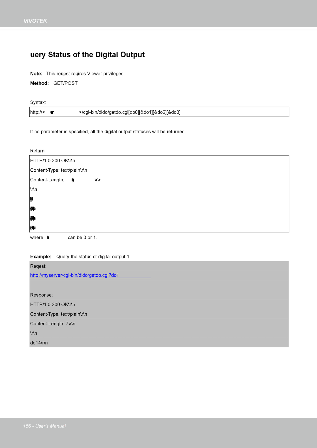 Vivotek IP8361 user manual Query Status of the Digital Output, Do0=state\r\n Do1=state\r\n Do2=state\r\n Do3=state\r\n 