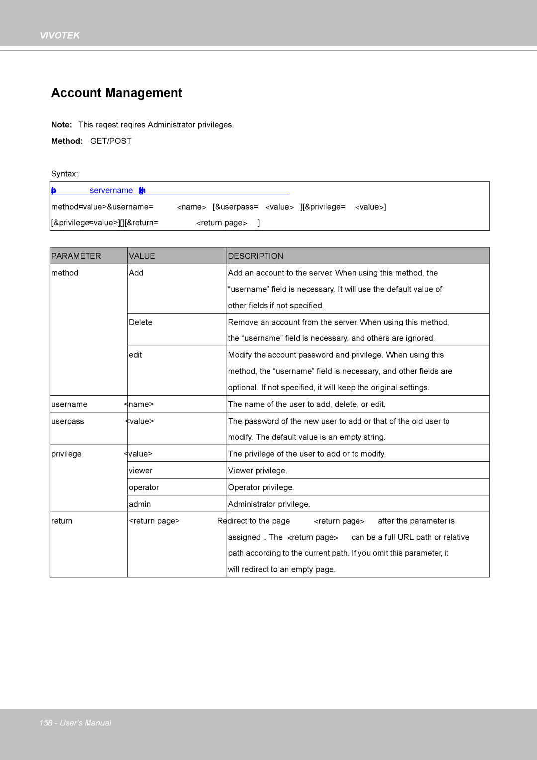 Vivotek IP8361 user manual Account Management 