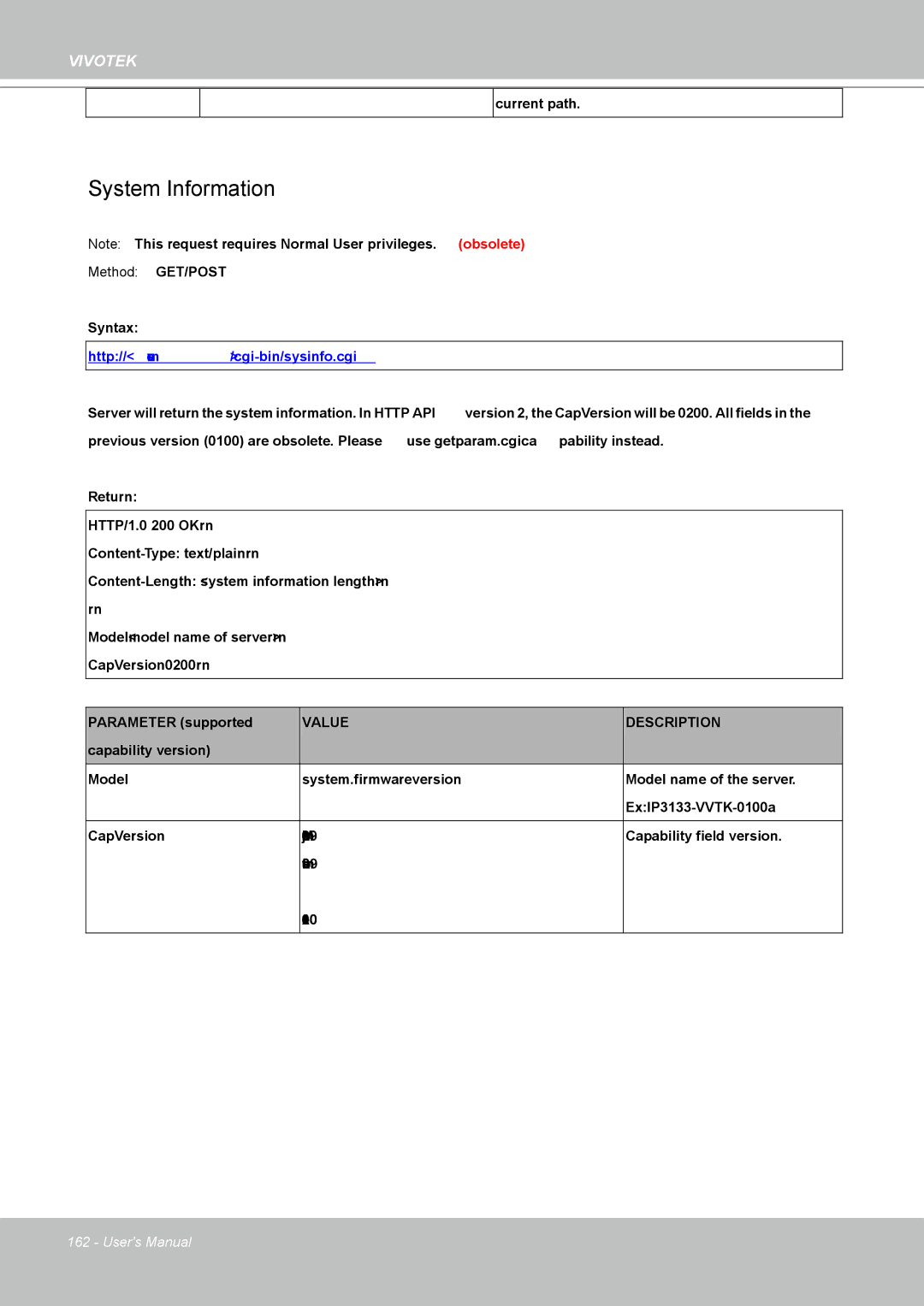 Vivotek IP8361 user manual System Information, Http//servername/cgi-bin/sysinfo.cgi 