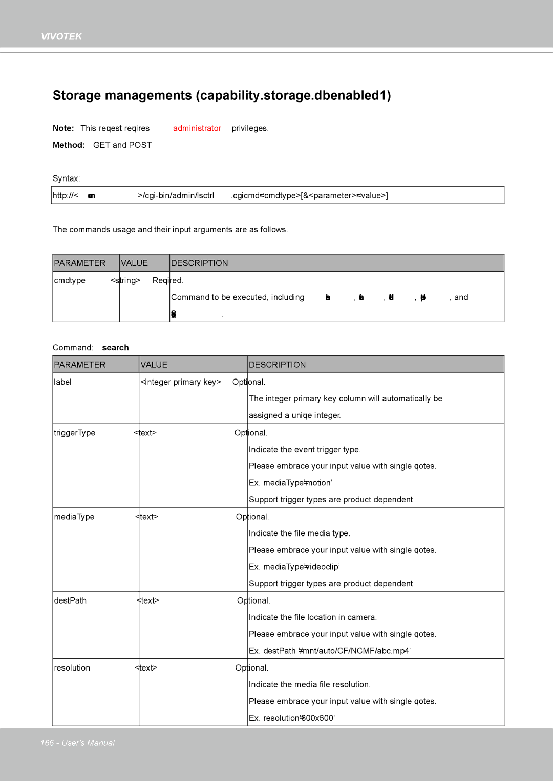 Vivotek IP8361 user manual Storage managements capability.storage.dbenabled=1, QueryStatus 