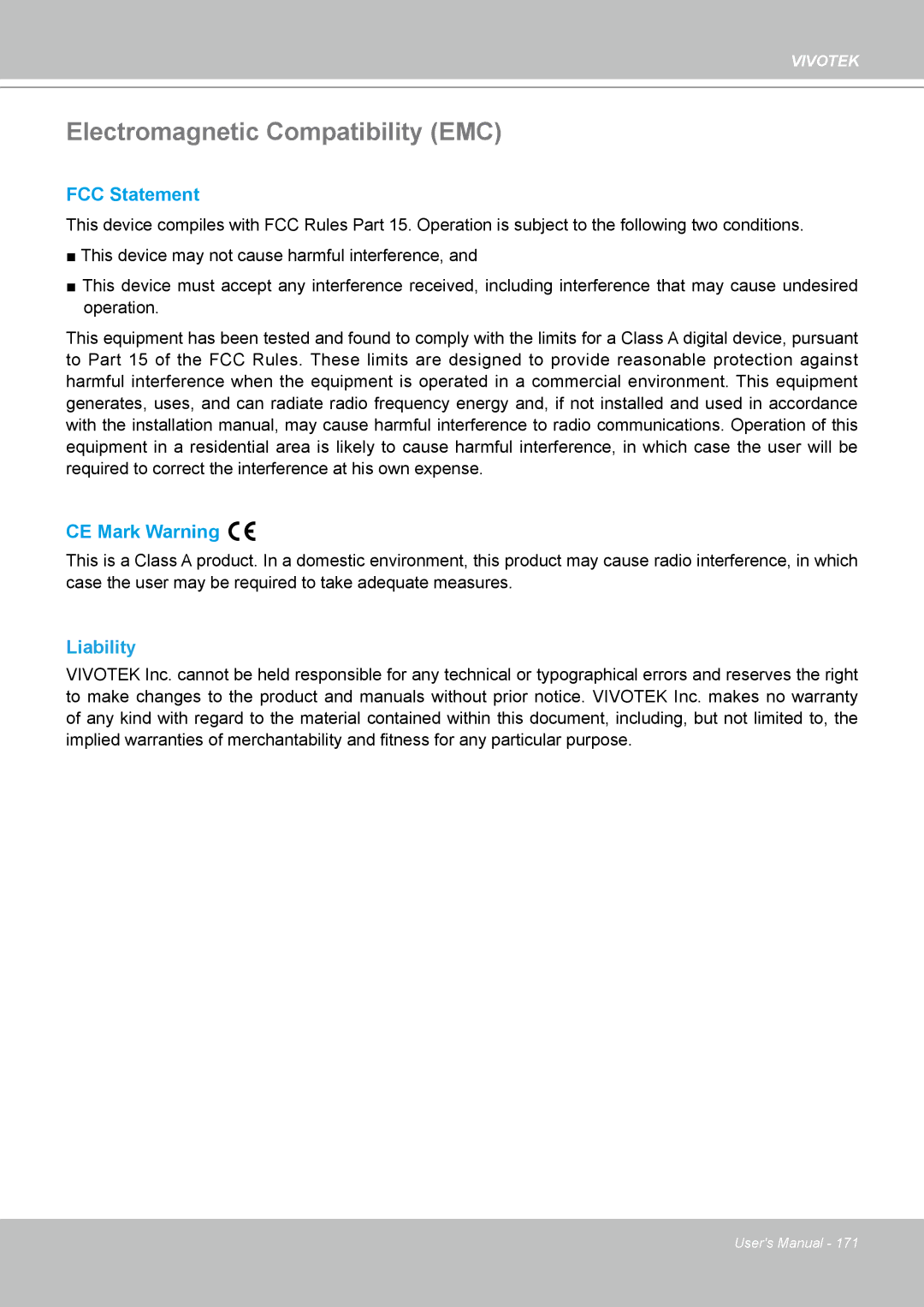 Vivotek IP8361 user manual Electromagnetic Compatibility EMC, Liability 