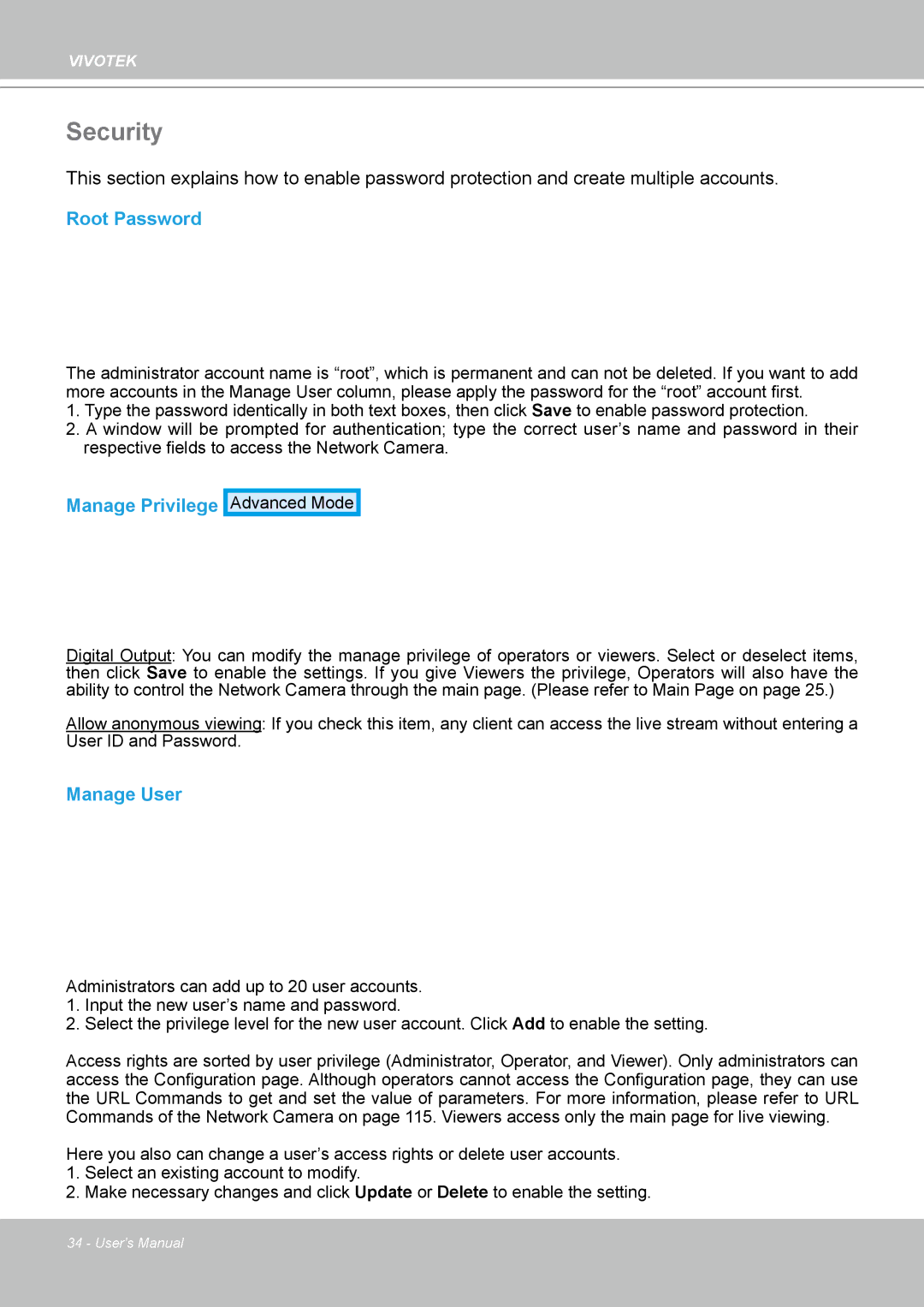 Vivotek IP8361 user manual Security, Root Password, Manage Privilege, Manage User 