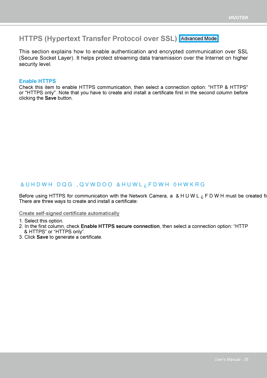 Vivotek IP8361 user manual Https Hypertext Transfer Protocol over SSL, Enable Https, Create and Install Certificate Method 