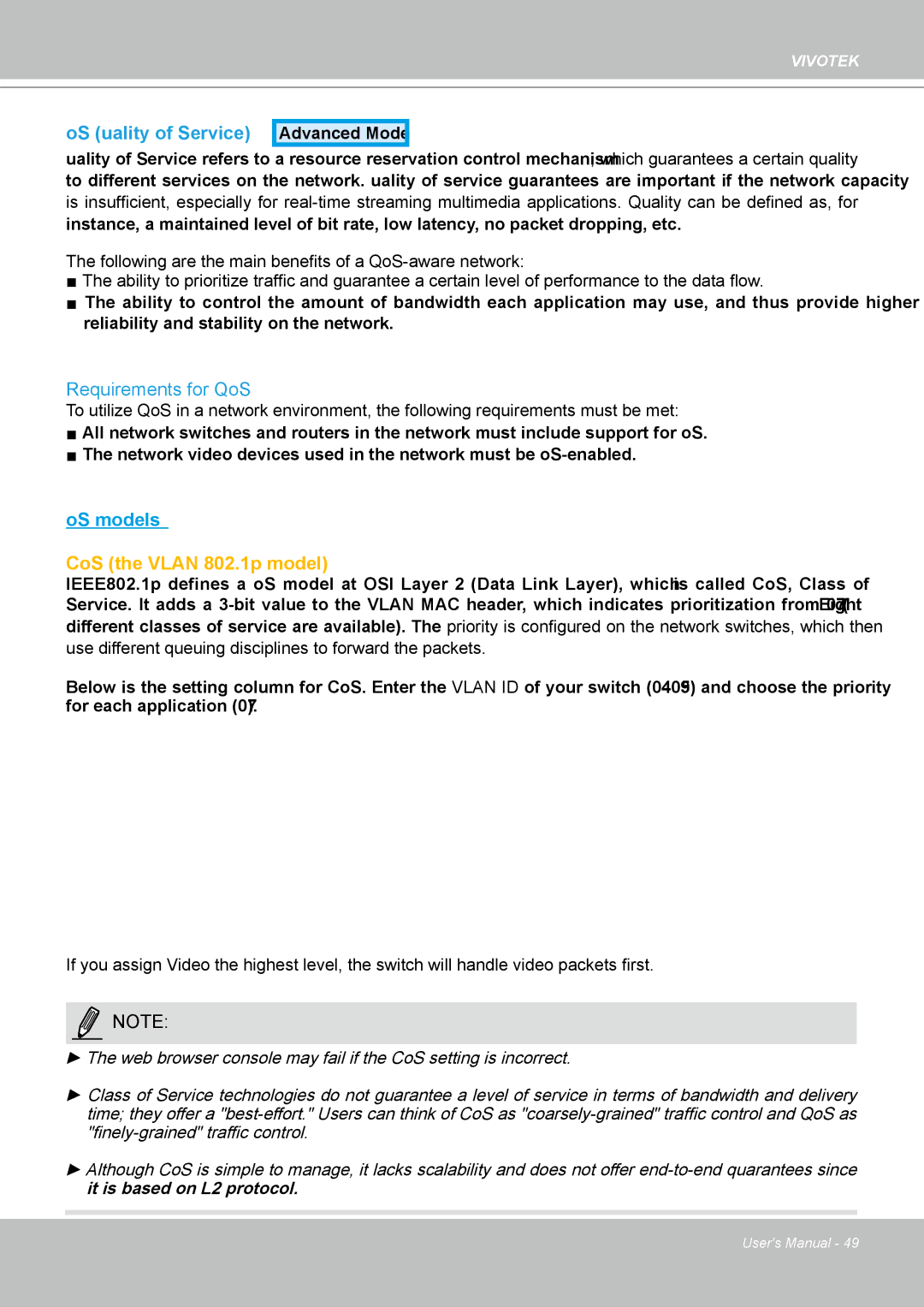 Vivotek IP8361 user manual CoS the Vlan 802.1p model 