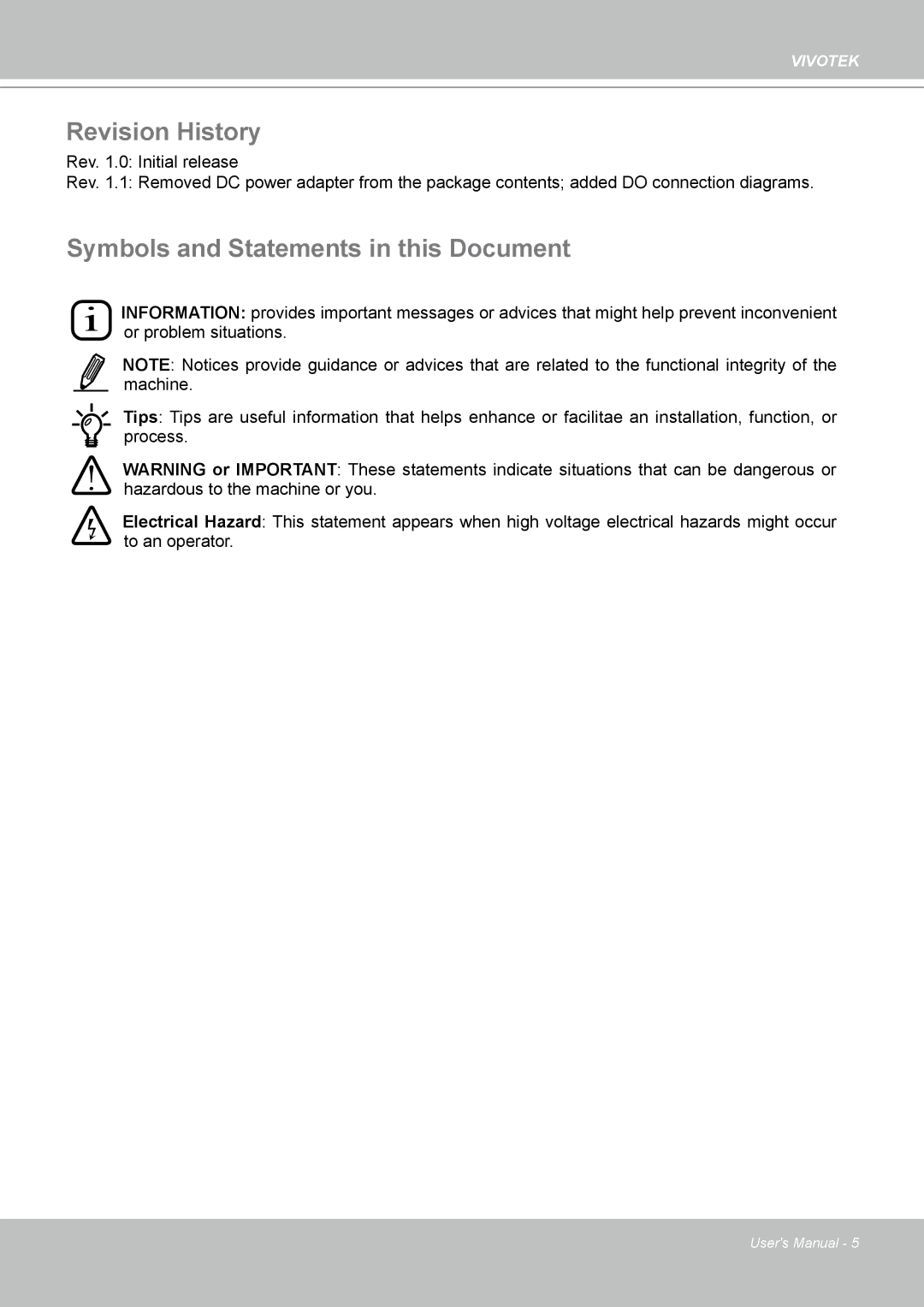 Vivotek IP8361 user manual Revision History, Symbols and Statements in this Document 