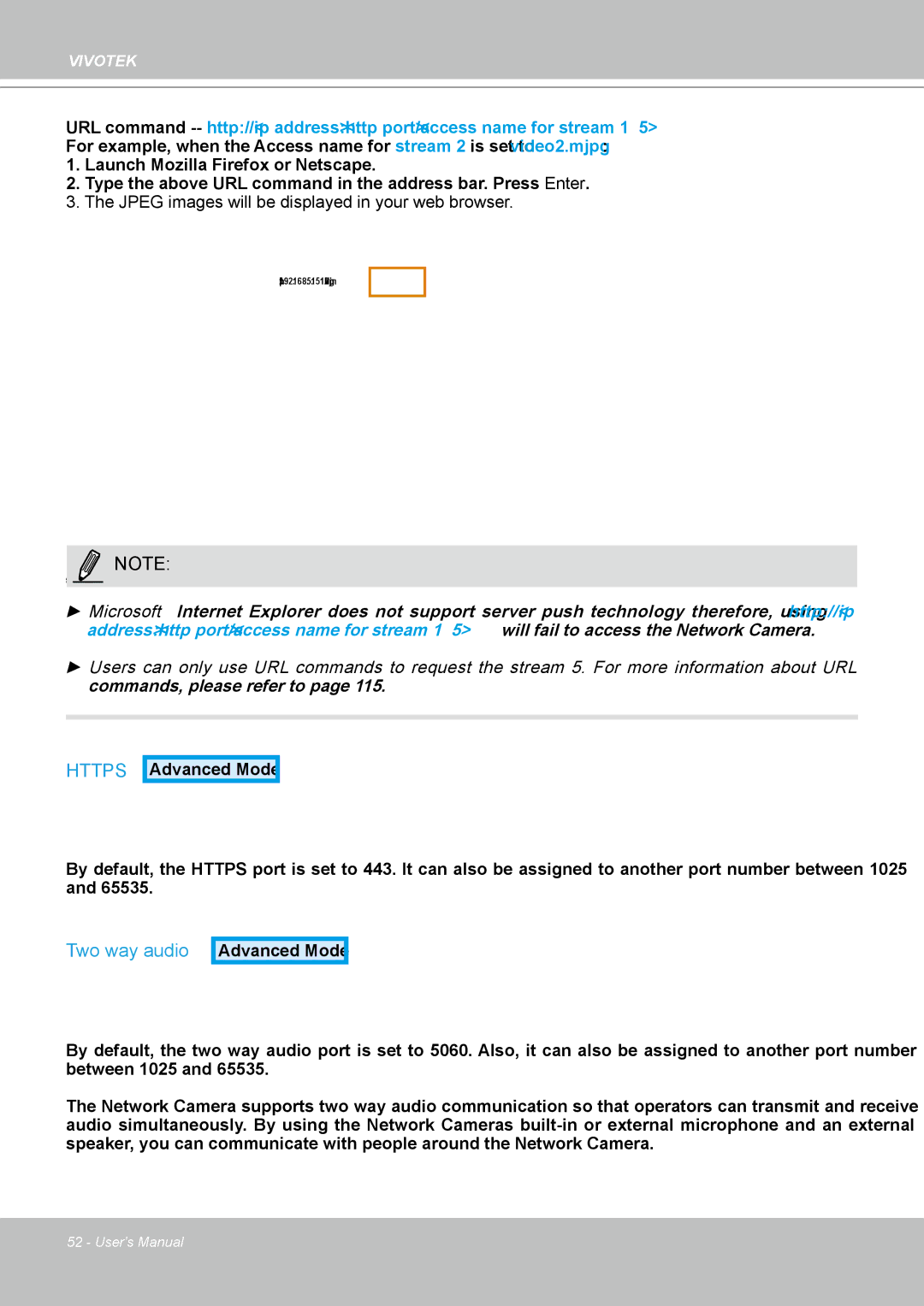 Vivotek IP8361 user manual Https, Two way audio 